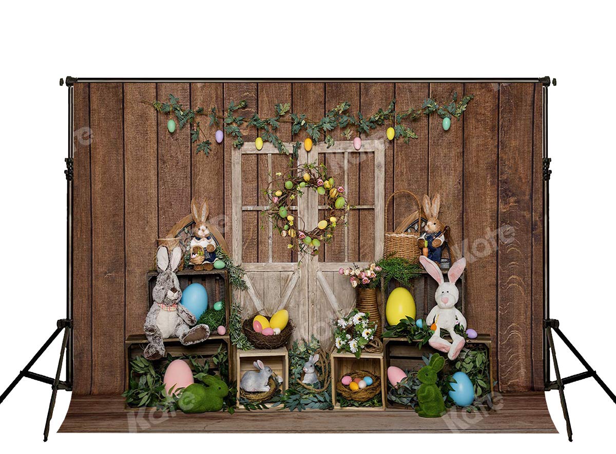 7x5ft Easter Photo Backdrop with Wood Wall & Rabbit Egg Design - Spring Photography Background for Kids Portraits, Easter Party Decor, Baby Shower & Studio Props