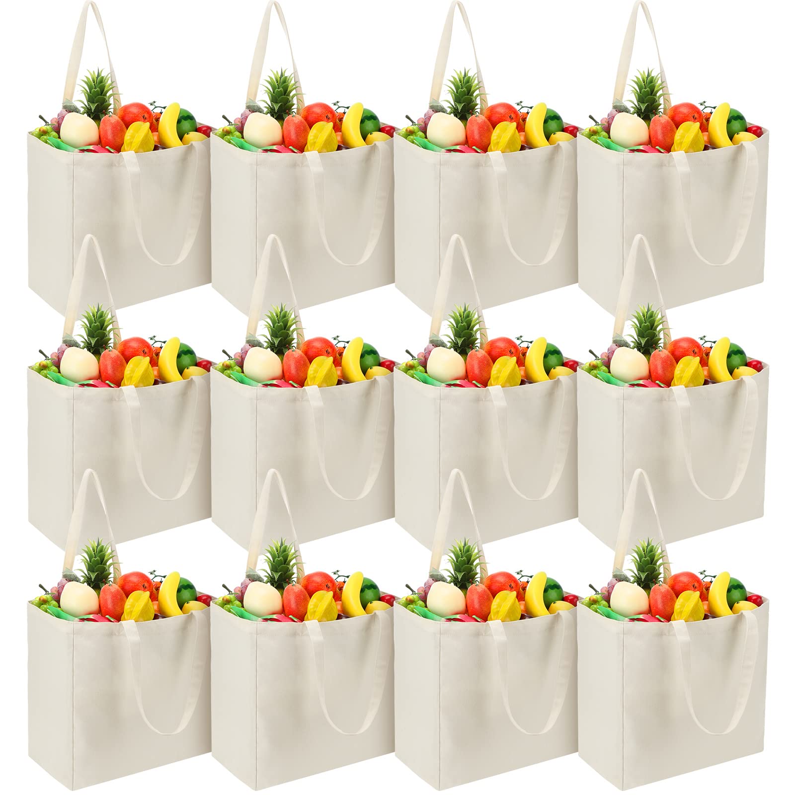 Reginary 12 Pack Large Canvas Grocery Bags - 14x14x7.9 Inch Reusable Shopping Tote Bags with Handles, Bulk Blank Eco-Friendly Pouches | Perfect for Grocery Shopping, Farmers Market, Beach Trips & Storage