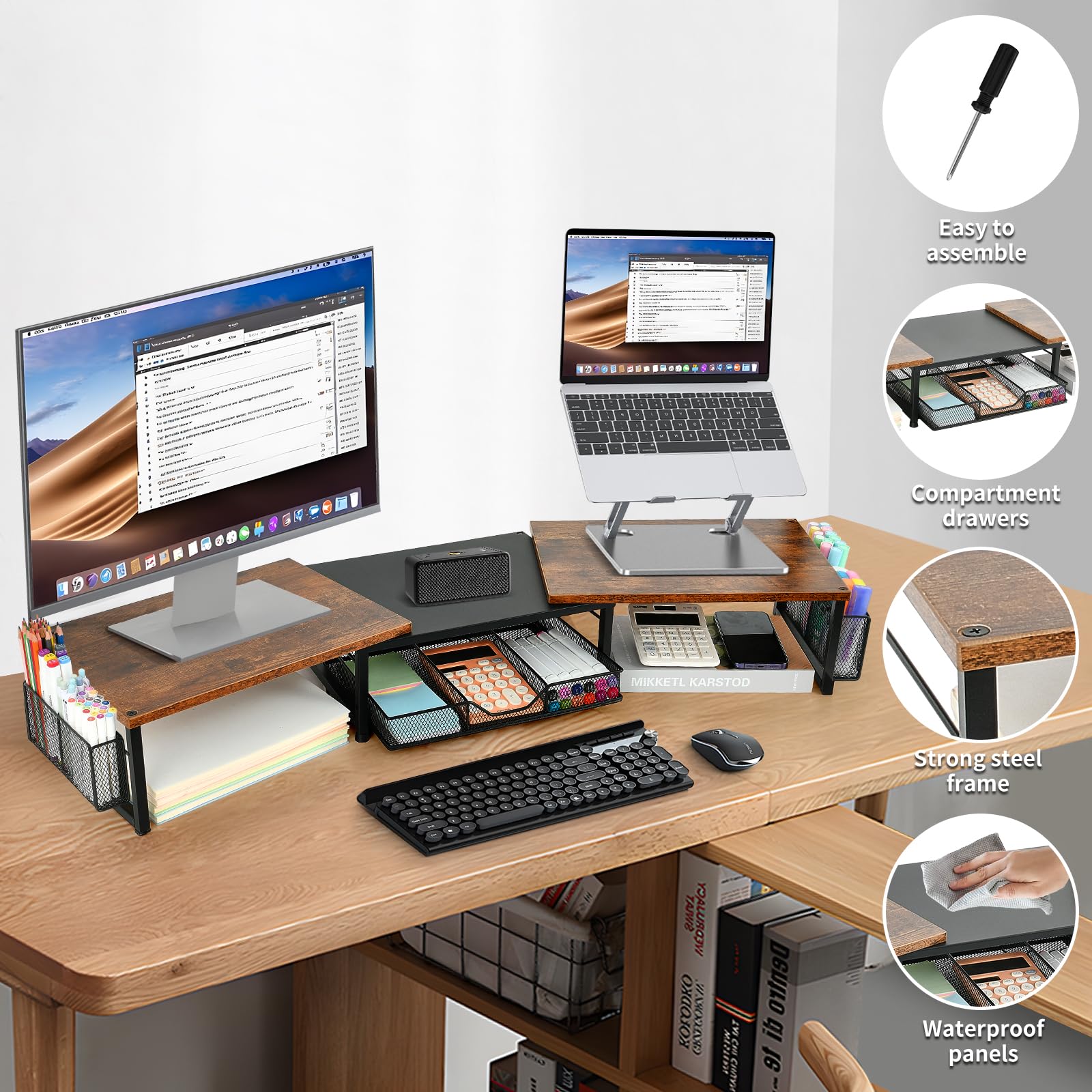 Dual Monitor Stand Riser with Drawer & Pen Holders - Wooden Desk Organizer for Office, Laptop, Printer & TV - Perfect Workspace Accessory for Home Office & Gaming Setup