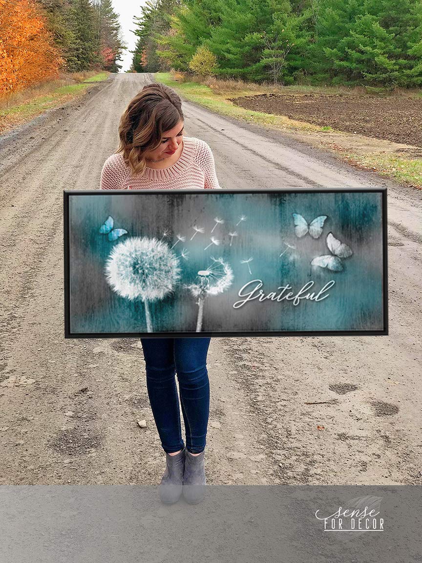 Grateful Dandelion & Butterfly Wall Art - Rustic Bedroom Decor with Floating Frame (60x27, Teal & Black) | Perfect for Living Room, Bedroom & Office Wall Decor
