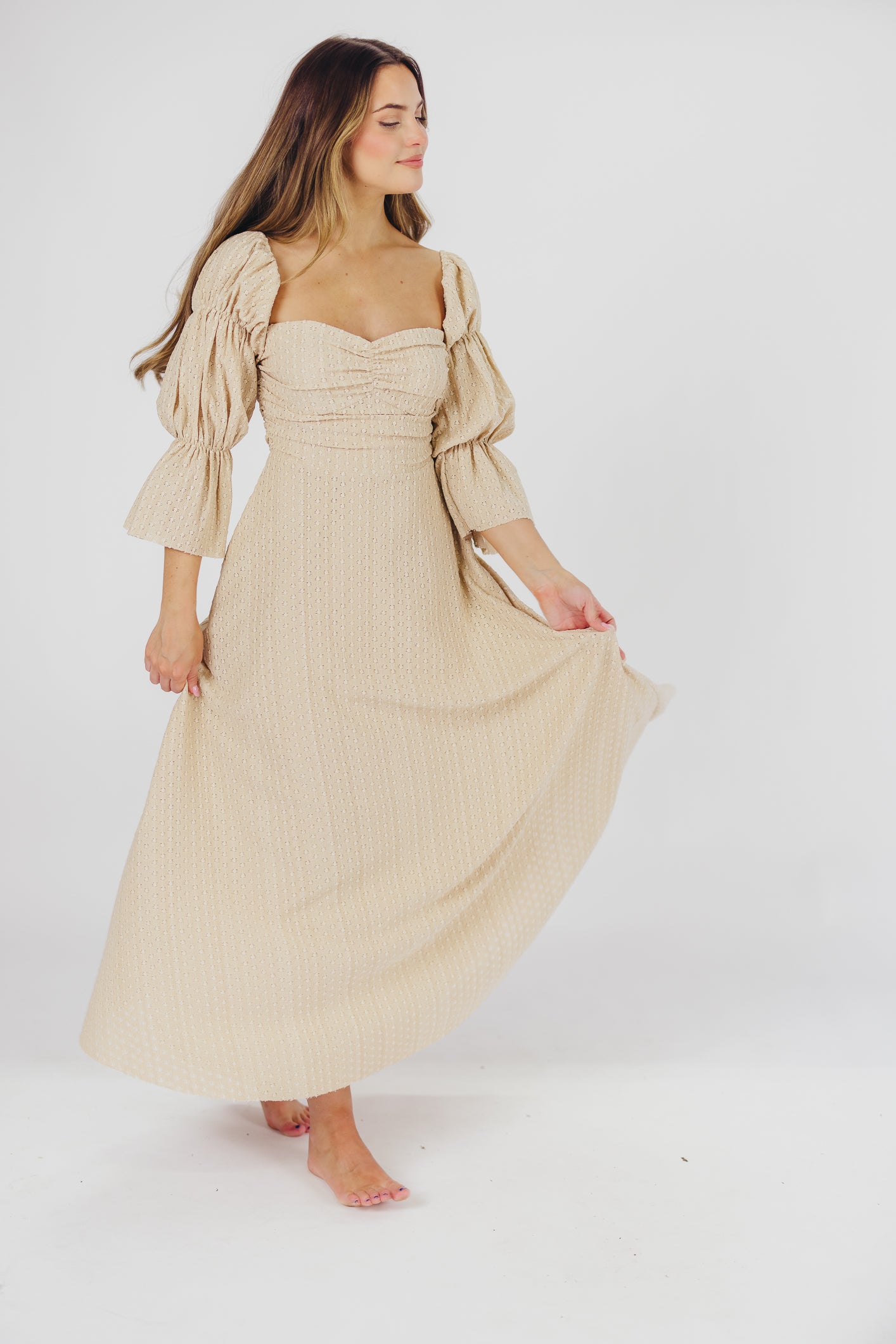 Corrine Tiered Sleeve Maxi Dress with Pockets - Beige Maternity Bump Friendly Dress for Women | Perfect for Pregnancy, Beach Vacations & Special Occasions