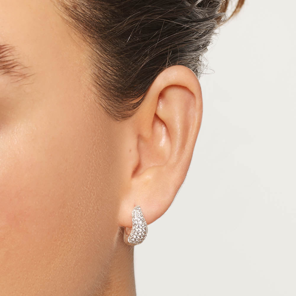 Sterling Silver Midi White Topaz Pave Wave Dome Huggie Earrings for Women - Elegant Everyday Jewelry for Work, Date Night & Special Occasions