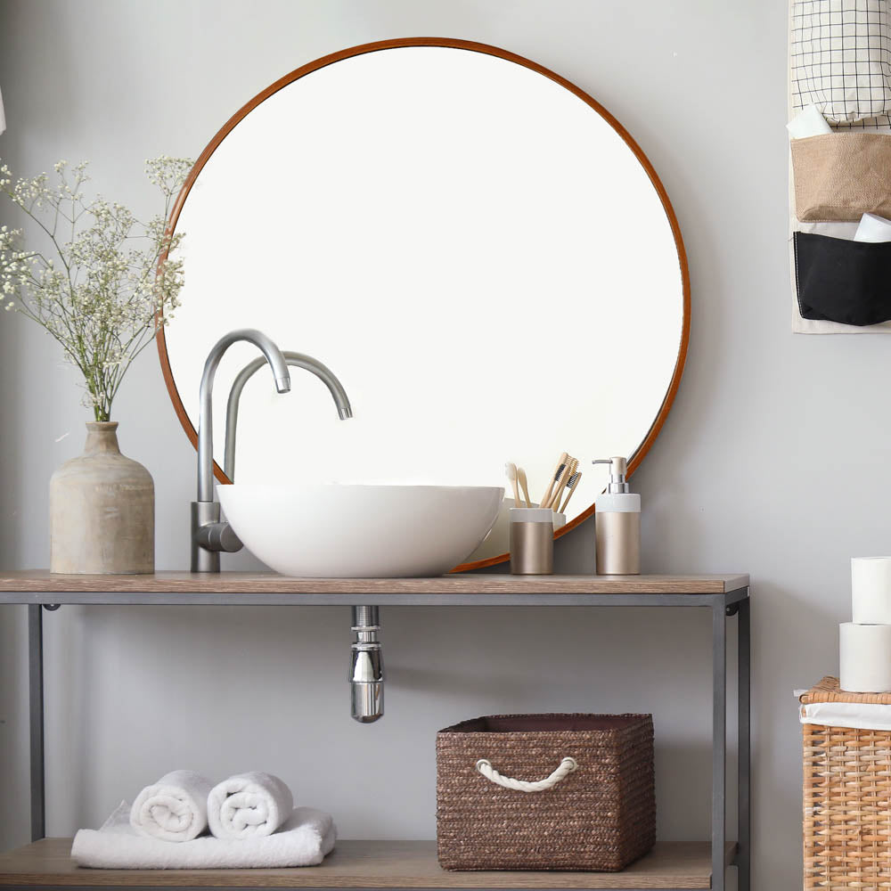 Round Wooden Framed Bathroom Mirror - Rustic Wall Mounted Vanity Mirror for Bathroom Decor, Bedroom, and Entryway