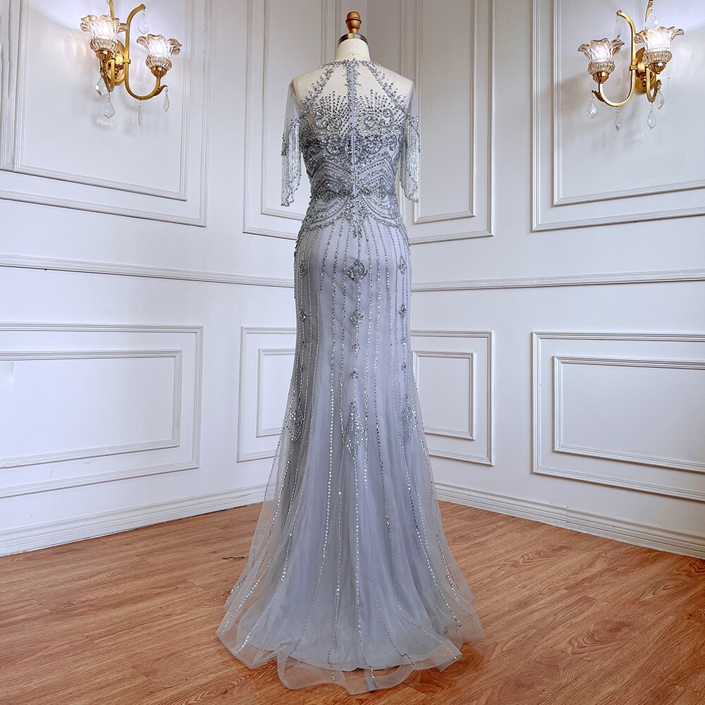 Elegant Grey Mermaid Evening Gown with Beaded Tassel Details - O-Neck Short Sleeve Dubai Style Party Dress for Women | Perfect for Weddings, Galas & Formal Events 2025 LA70646