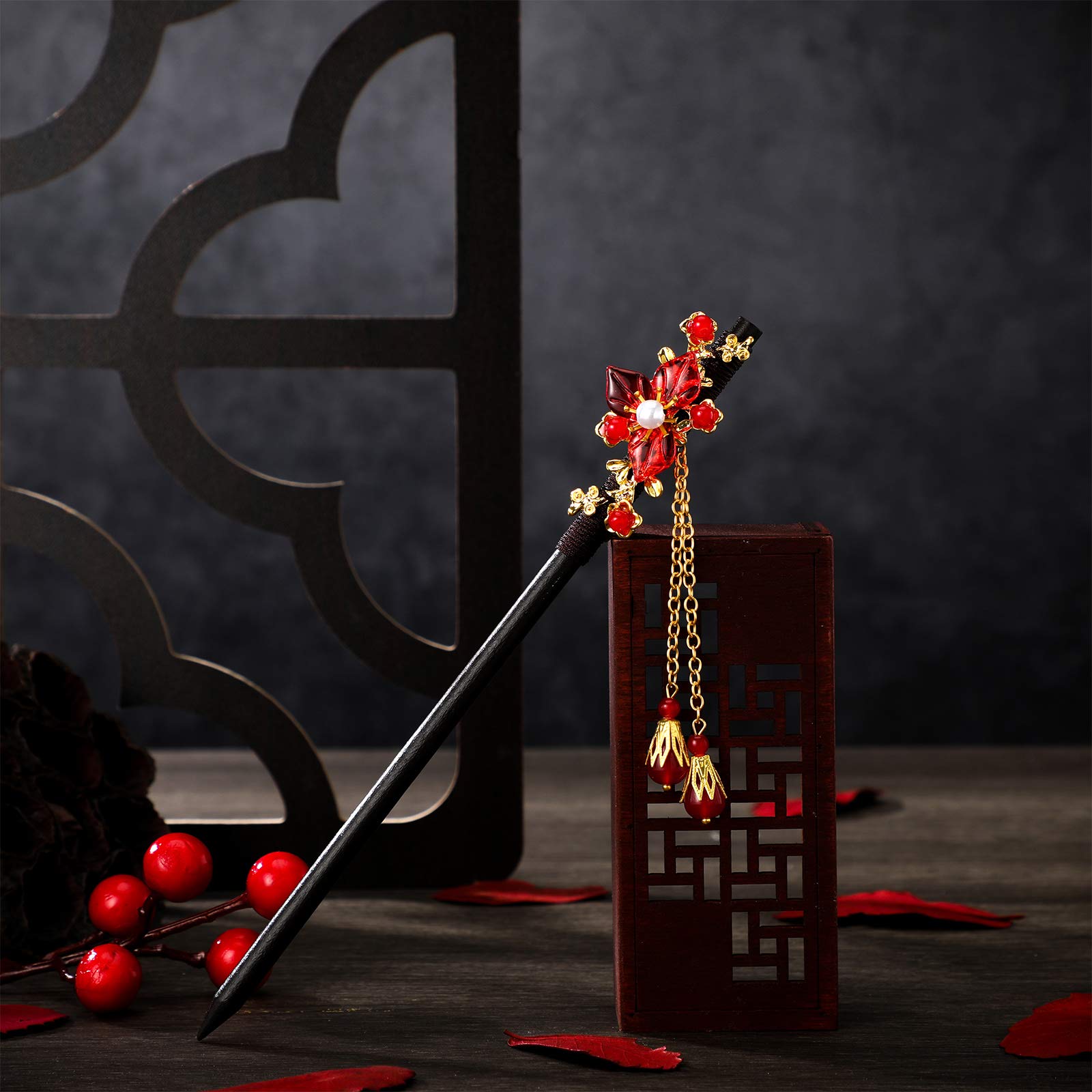 Waydress 4 Pcs Asian Hair Sticks for Women - Chinese Japanese Hair Chopsticks Clips, Retro Geisha Style Red Wooden Cherry Blossom Hairpins with Handmade Flower Tassel - Perfect for Geisha Costume, Traditional Hairstyles & Special Occasions
