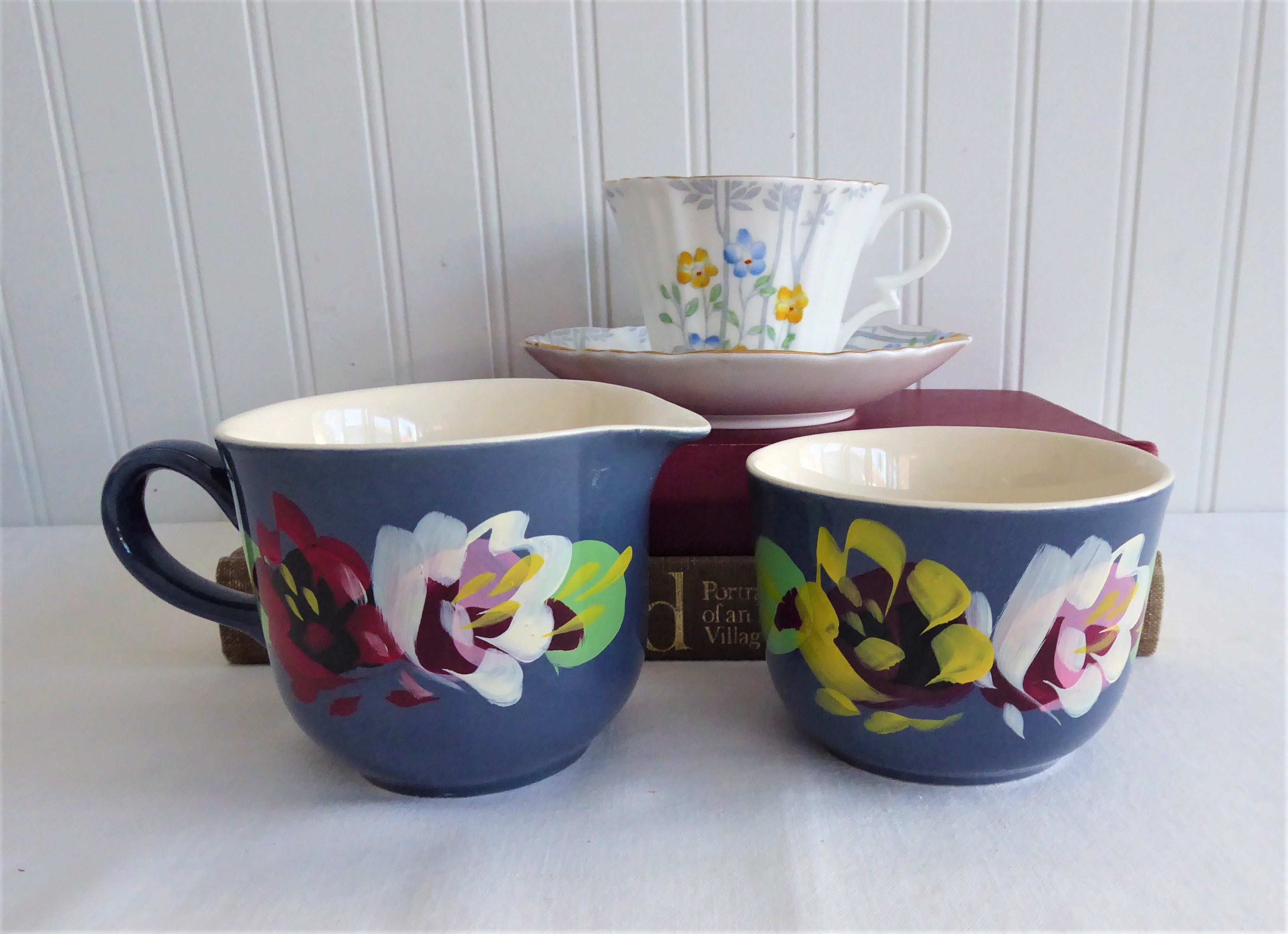 Vintage 1920s English Biltons Pottery - Hand Painted Blue Floral Cream and Sugar Set | Antique Tea Time Servingware for Afternoon Tea & Cottagecore Decor