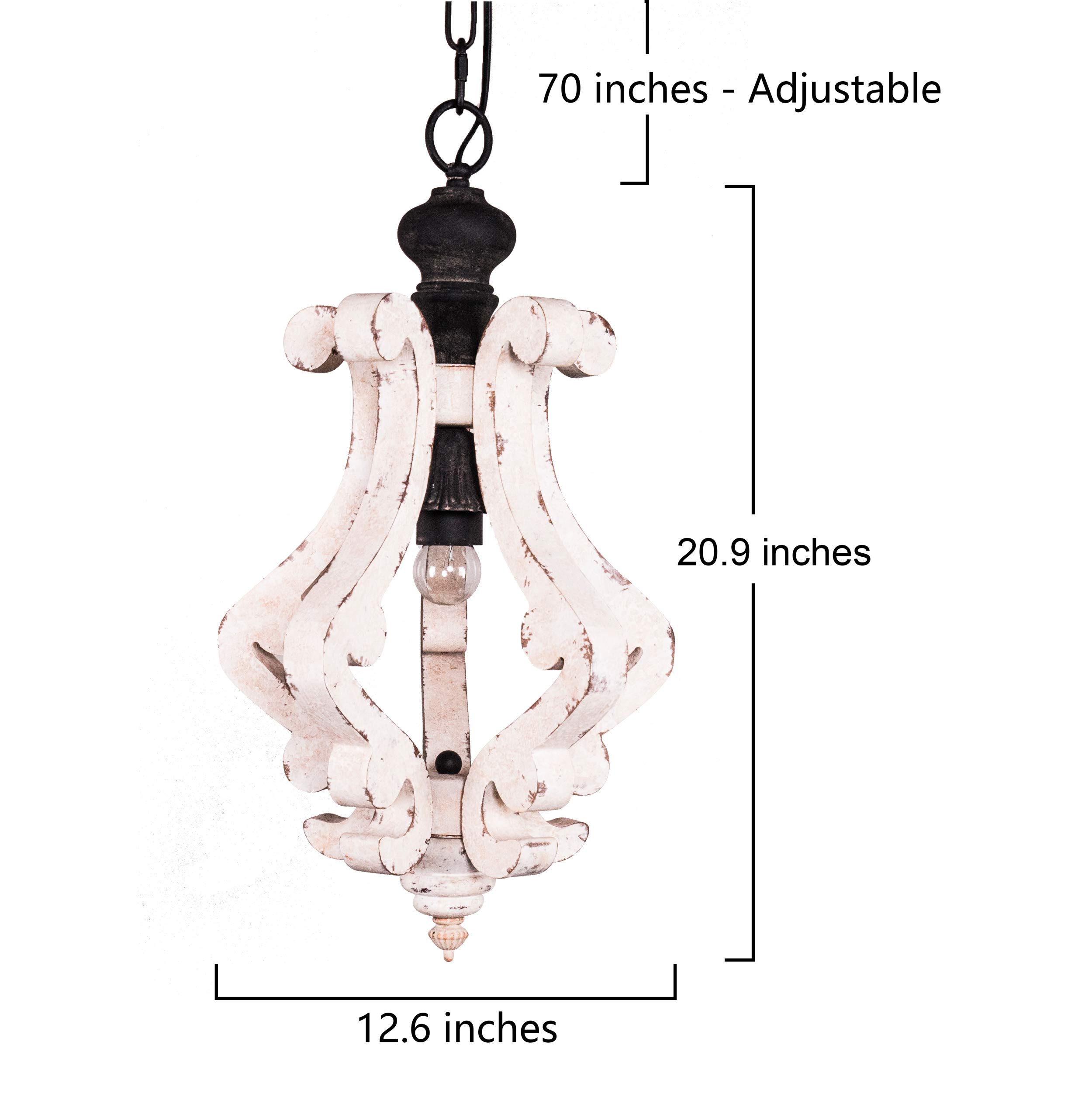 Distressed White Wood Pendant Light - Farmhouse Style 1-Light Metal Chandelier for Living Room, Dining Room, Bedroom, Kitchen, Foyer & Hallway | Rustic Home Decor Lighting Fixture for Cozy Indoor Spaces