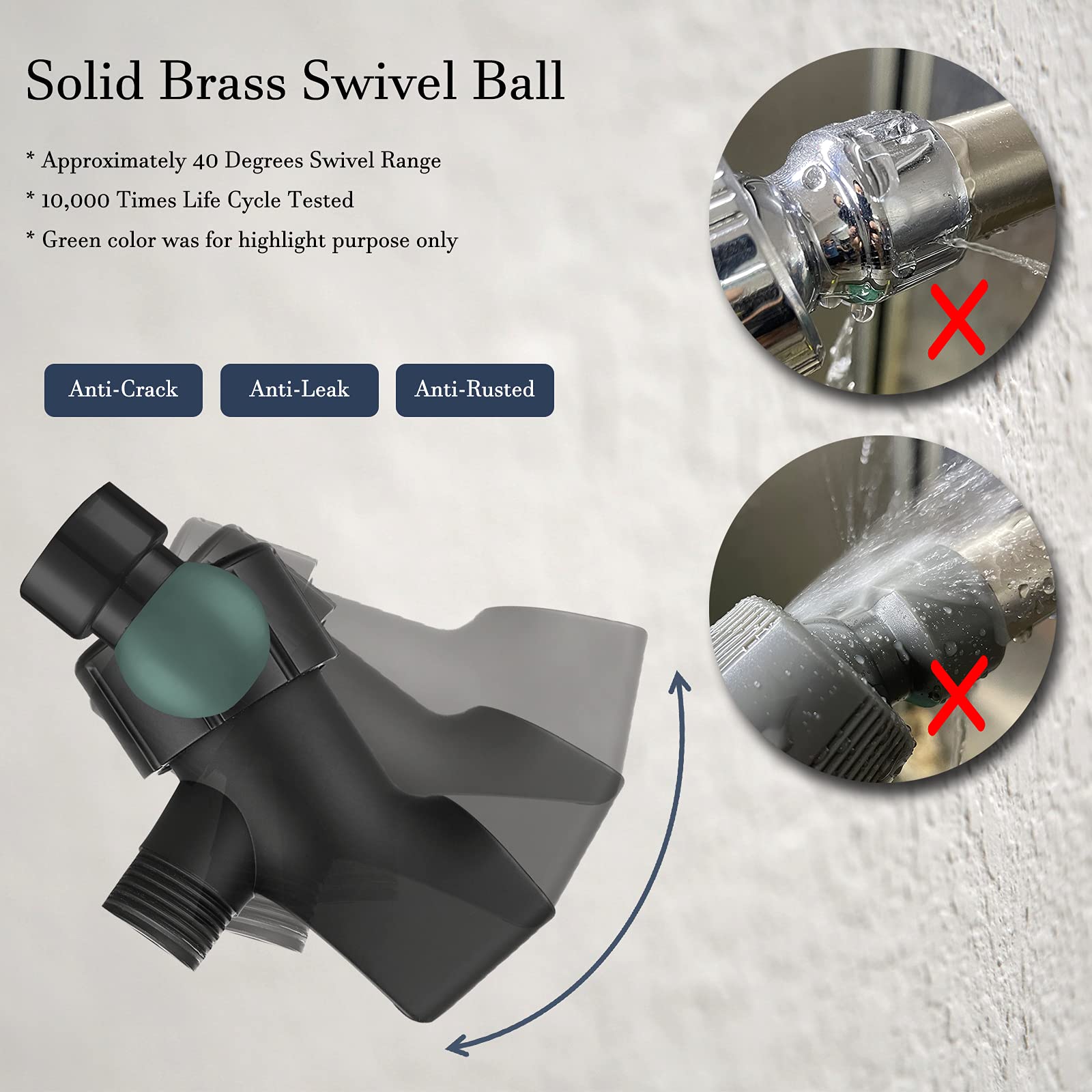 Universal Shower Holder with Brass Swivel - Adjustable Handheld Shower Head Mount, Shower Arm Bracket & Pipe Connector for Bathroom, Spa & RV Use