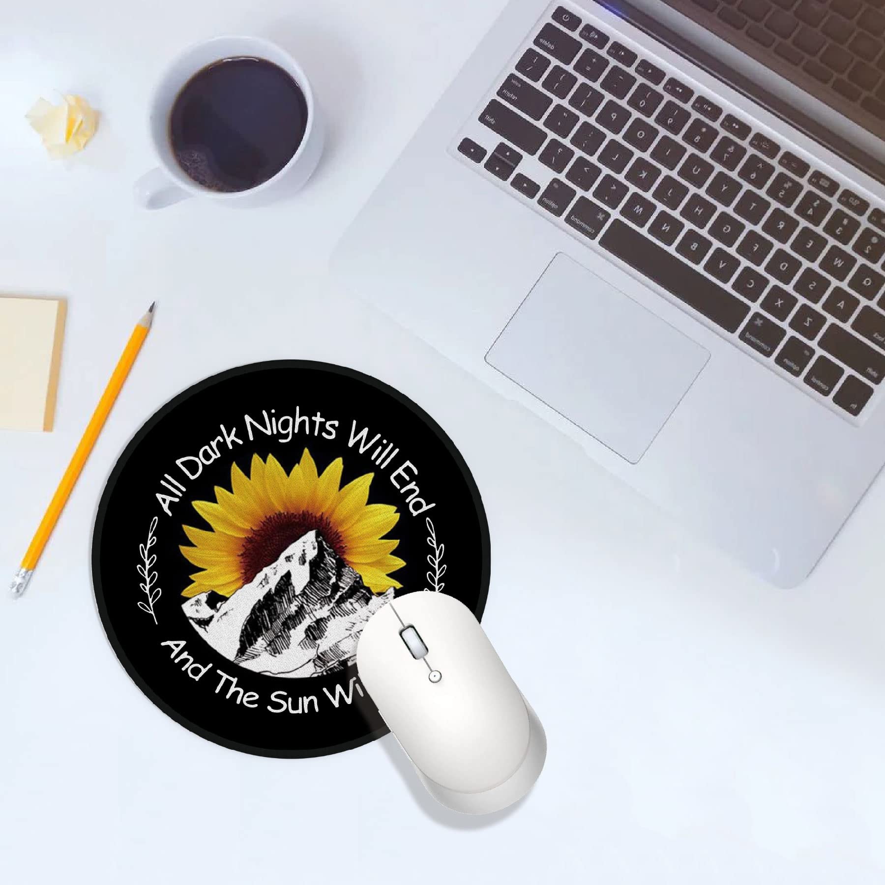 Yellow Sunflower Mountains Waterproof Round Mouse Pad - 7.9x7.9 Inch Non-Slip Rubber Base, Cute Desk Decor for Office, Home, Dorm | Perfect Gift for Sister, Daughter & Girls | Motivational Quote 'All Dark Nights Will End' | Great for Work, Gaming & Study Setup