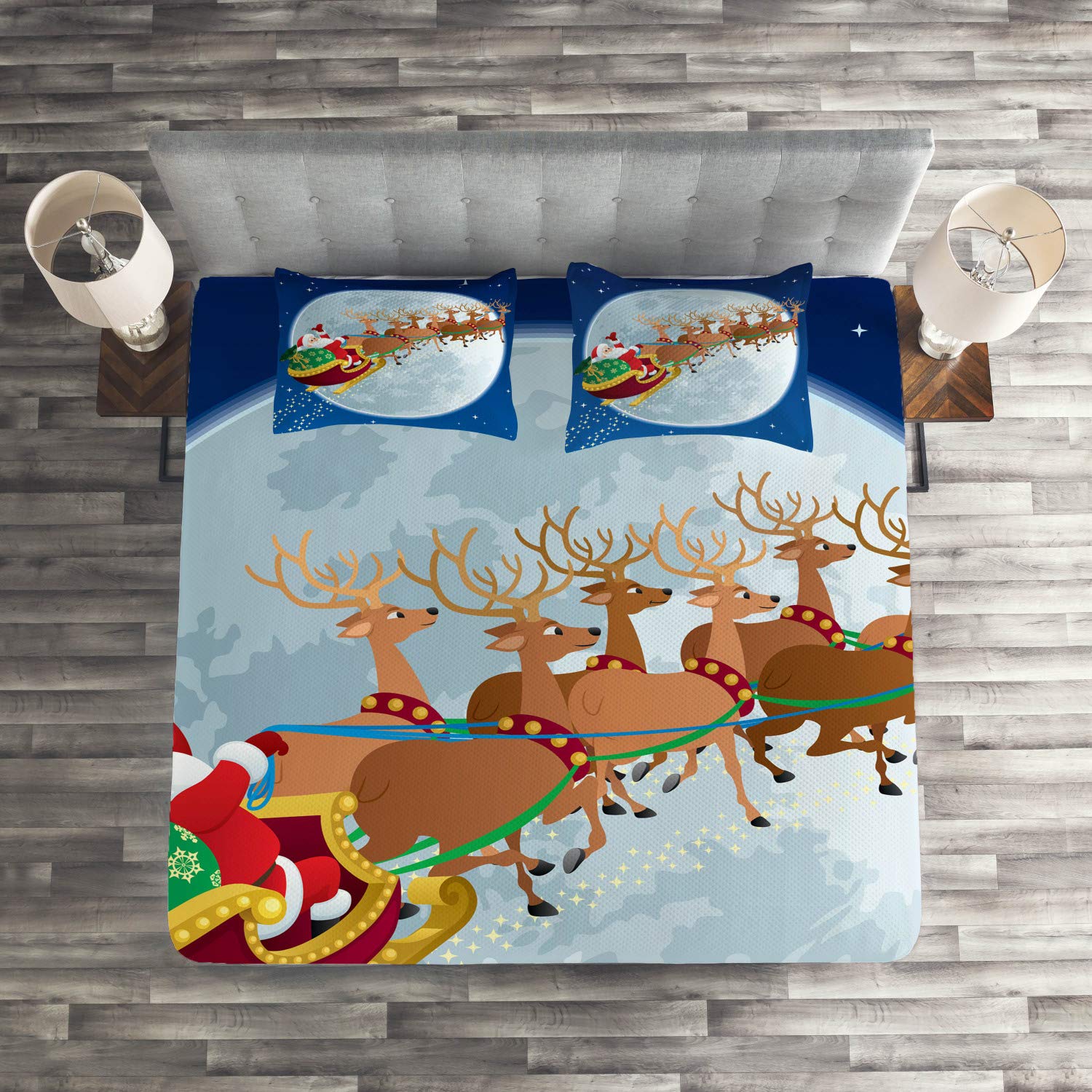 Ambesonne Santa Quilt Set - 3 Piece King Size Christmas Bedspread with Santa Claus Sleigh Flying to Moon Design, Includes 2 Pillow Shams - Holiday Home Decor for Bedroom, Living Room & Festive Gift