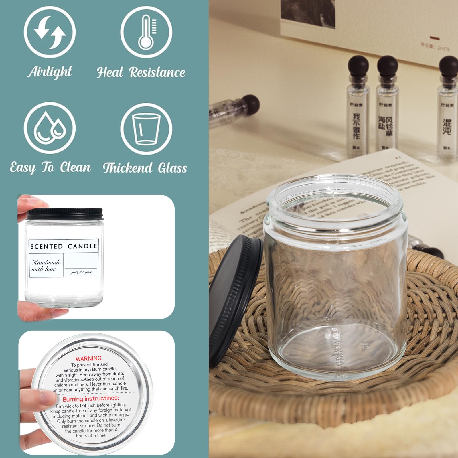 24 Pack 7oz Clear Glass Candle Jars with Lids - Thick Empty Candle Containers for DIY Candles, Spice Storage & Sample Jars - Dishwasher Safe - Perfect for Home Decor, Wedding Favors & Craft Projects