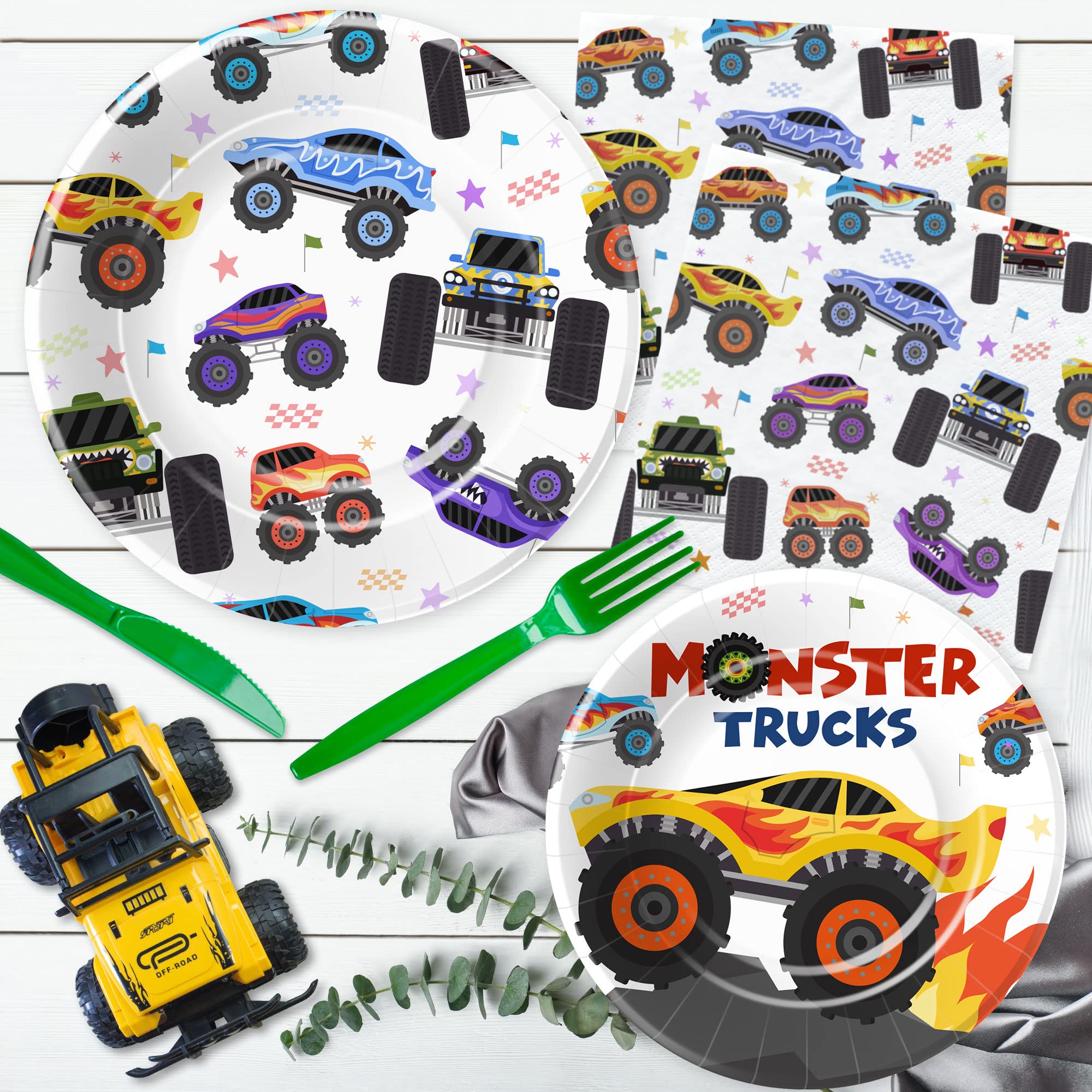 Monster Truck Birthday Party Supplies Set - 24-Piece Tableware Kit with Plates, Napkins, Tablecloth & Forks for Kids' Monster Jam Themed Party Decorations | Perfect for Birthday Celebrations, Themed Events & Kids' Dinner Parties