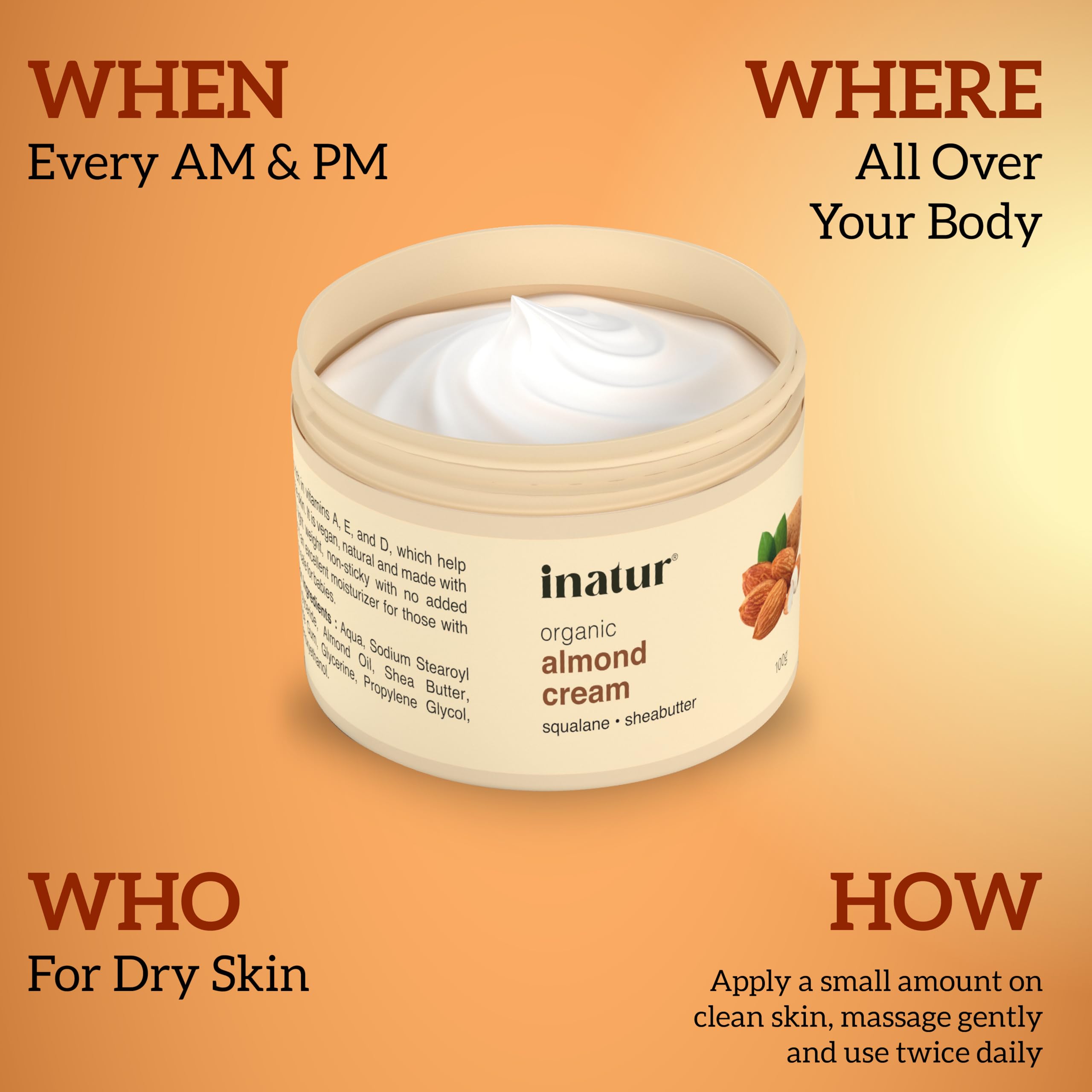 Inatur Almond Cream 100g - Deep Nourishing Face Moisturizer for Dry Skin | Hydrating Winter Care for Men & Women | Soothes, Revitalizes & Softens Skin | Ideal for Intense Moisture & Skin Repair | Perfect for Night Routine, Travel Skincare & Daily Hydration