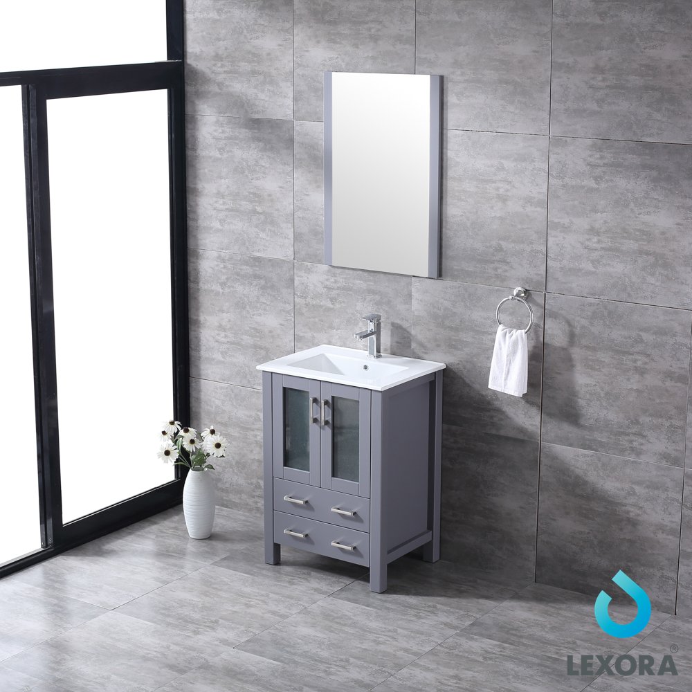 Volez 24 Inch Bathroom Vanity Set with Dark Grey Cabinet, White Ceramic Sink Top & 22 Inch Mirror - Modern Space-Saving Design for Small Bathrooms, Powder Rooms & Apartments