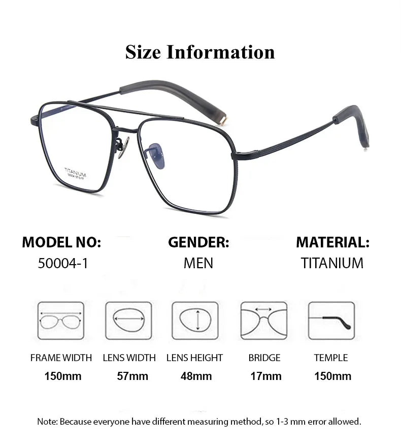 Men's Titanium Full Rim Square Eyeglasses with Double Bridge - Lightweight & Durable Frame for Reading, Driving & Everyday Use - Style 500004