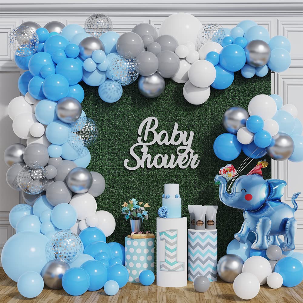 135Pcs Baby Blue Balloon Garland Arch Kit - Elephant Theme Baby Shower Decorations with Pastel Blue, White, Gray & Silver Balloons for Gender Reveal, Birthday Parties & Nursery Decor | Perfect for Baby Boy Celebrations & Elephant-Themed Events