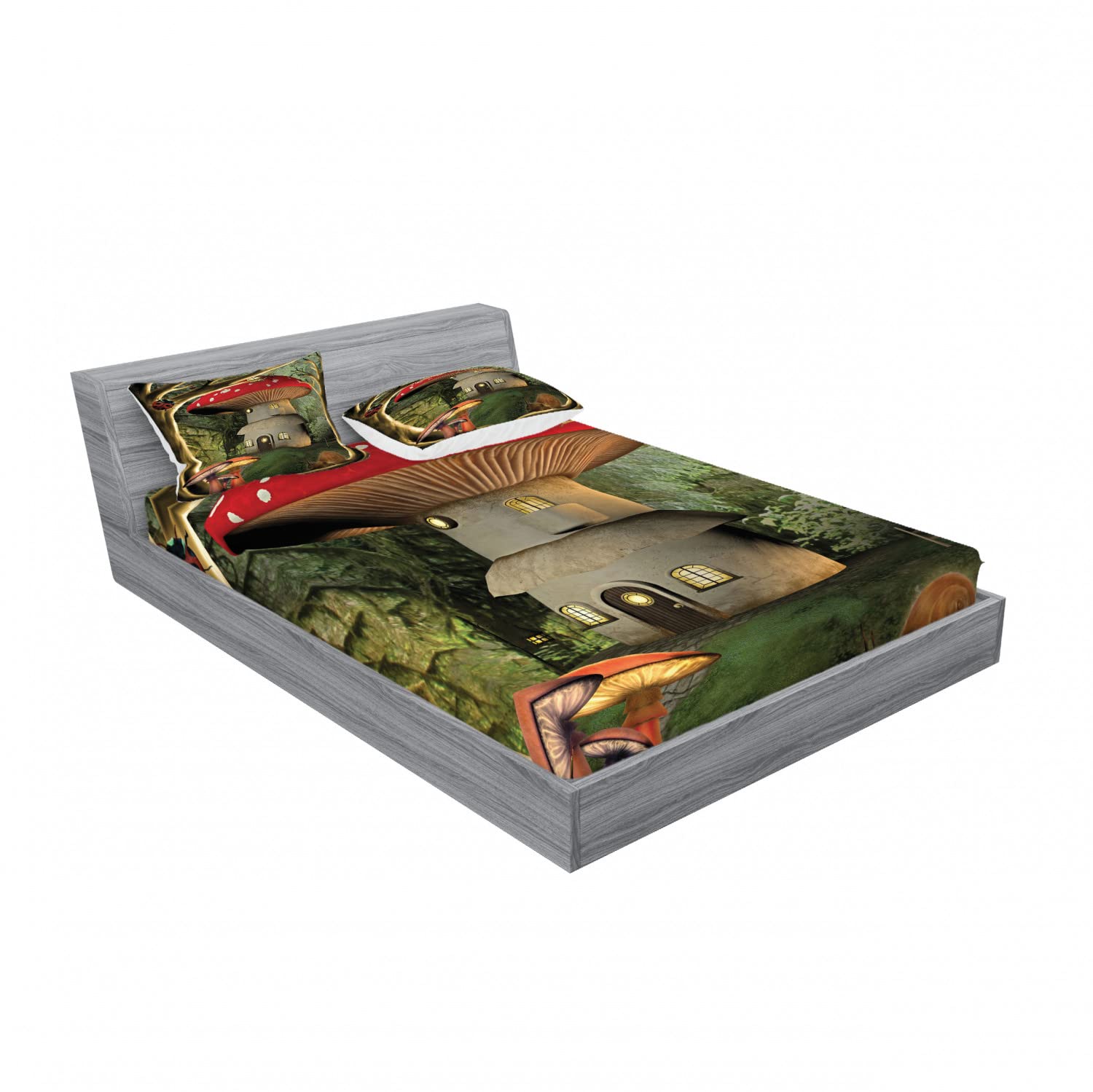 Ambesonne 2-Piece Queen Size Fitted Sheet Set with 4 Pillow Shams - Mushroom Magic Forest Pattern in Red, Pale Coffee & Green | Soft Bedding Decor for Guest Rooms, Kids' Bedrooms & Cozy Cabins