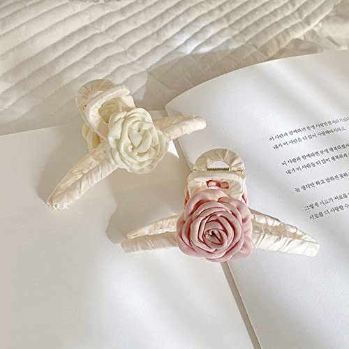 Fuyunohi 2 Pack Large Hair Claws for Women - Floral Hair Clips for Thick Hair, Elegant Silk Rose Hair Toppers (White & Pink) - Perfect for Weddings, Parties & Everyday Styling