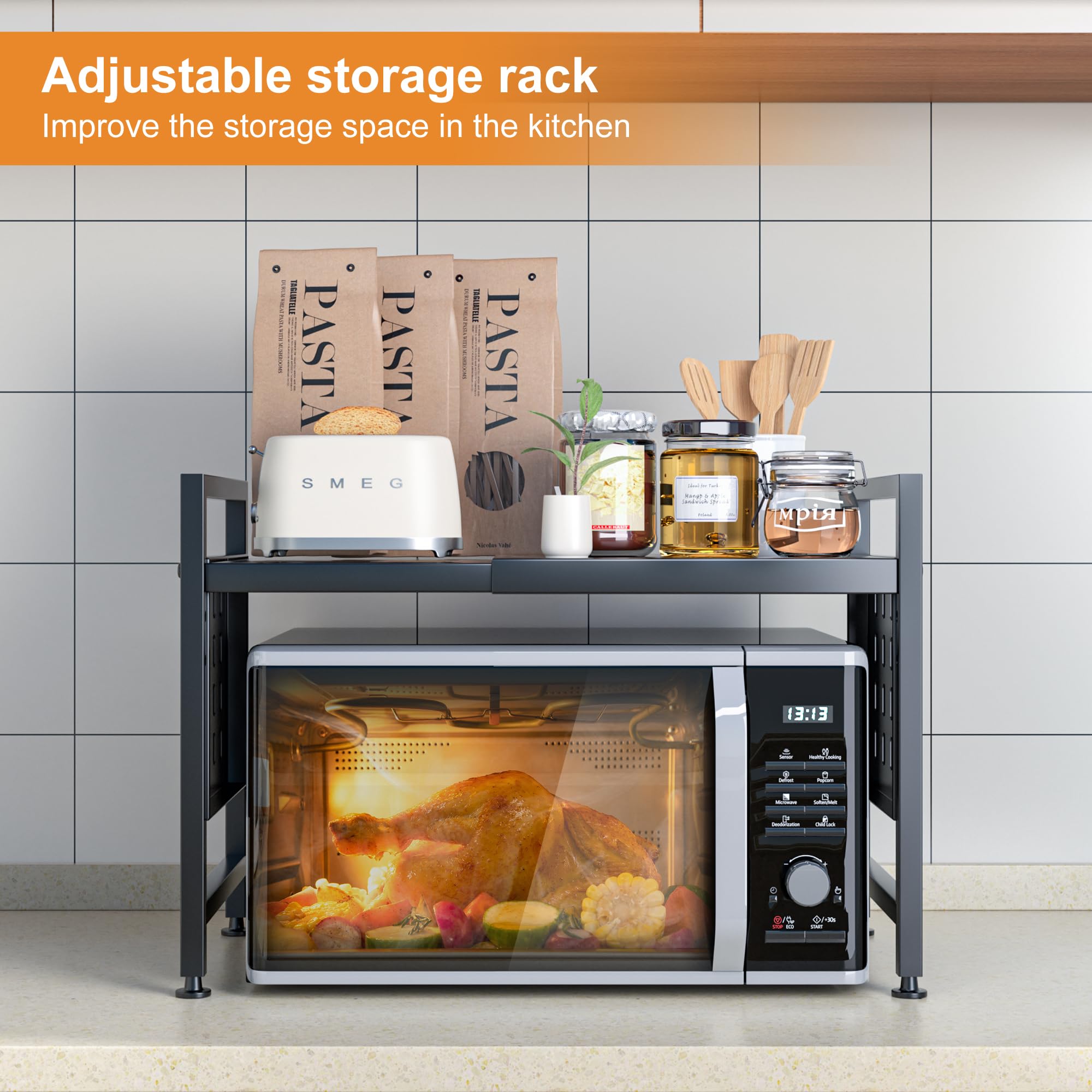 Expandable 2-Tier Microwave Oven Rack - Heavy Duty Metal Kitchen Countertop Organizer Shelf with 88lbs Capacity - Perfect for Baking, Cooking & Small Appliance Storage in Compact Spaces