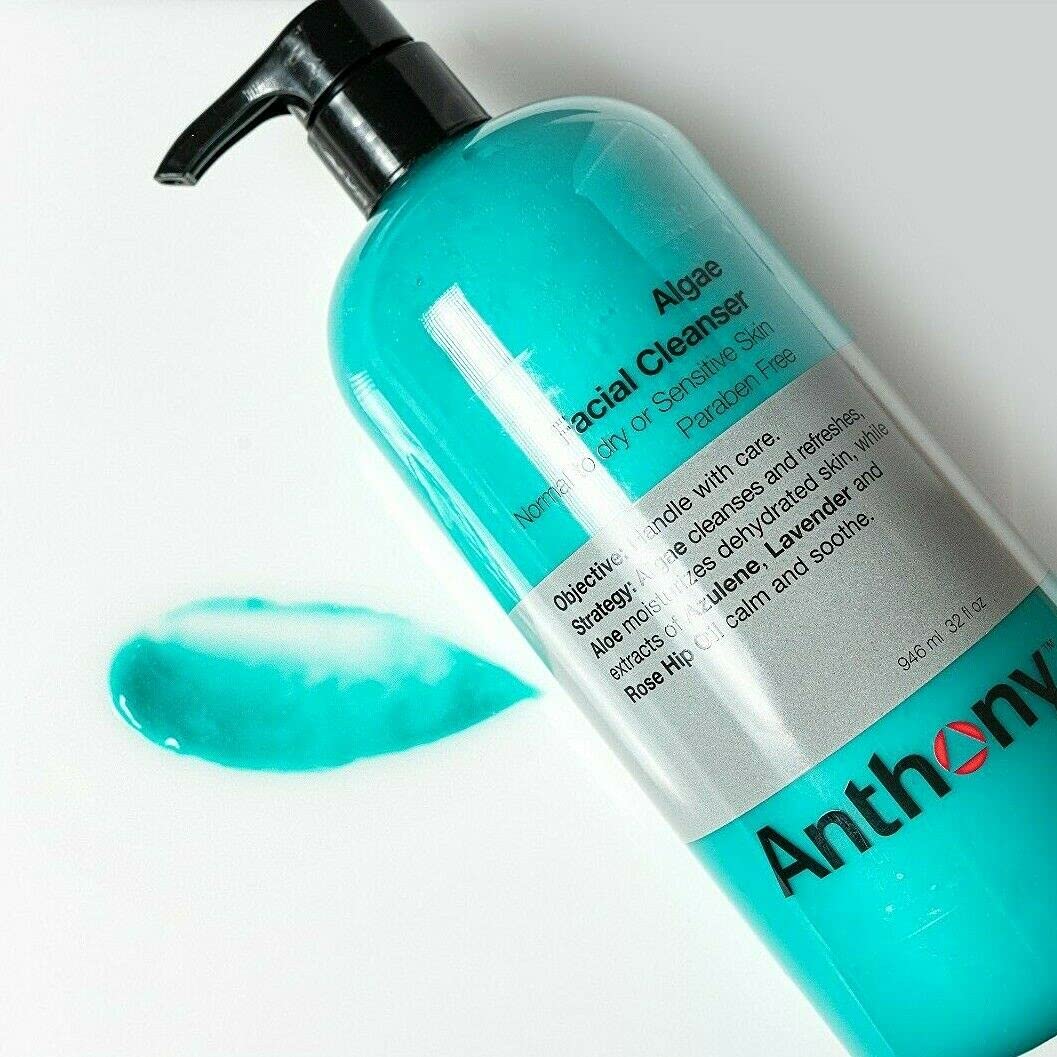 Anthony Algae Facial Cleanser 32 Fl Oz - Deep Cleansing with Algae, Aloe Vera & Rosehip Oil | Hydrating, Moisturizing & Soothing for Dry, Sensitive Skin | Perfect for Daily Skincare Routine & Post-Workout Refresh