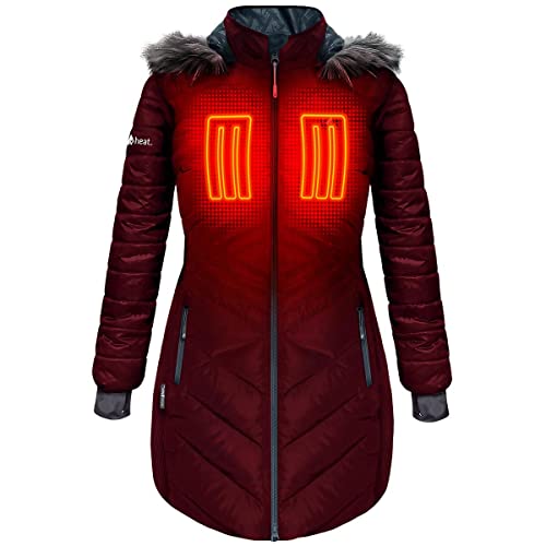 ActionHeat Women's Long Puffer Heated Jacket - Winter Heated Coat with Hood, Battery-Powered Warm Jacket for Outdoor Activities, Skiing, and Cold Weather Commuting