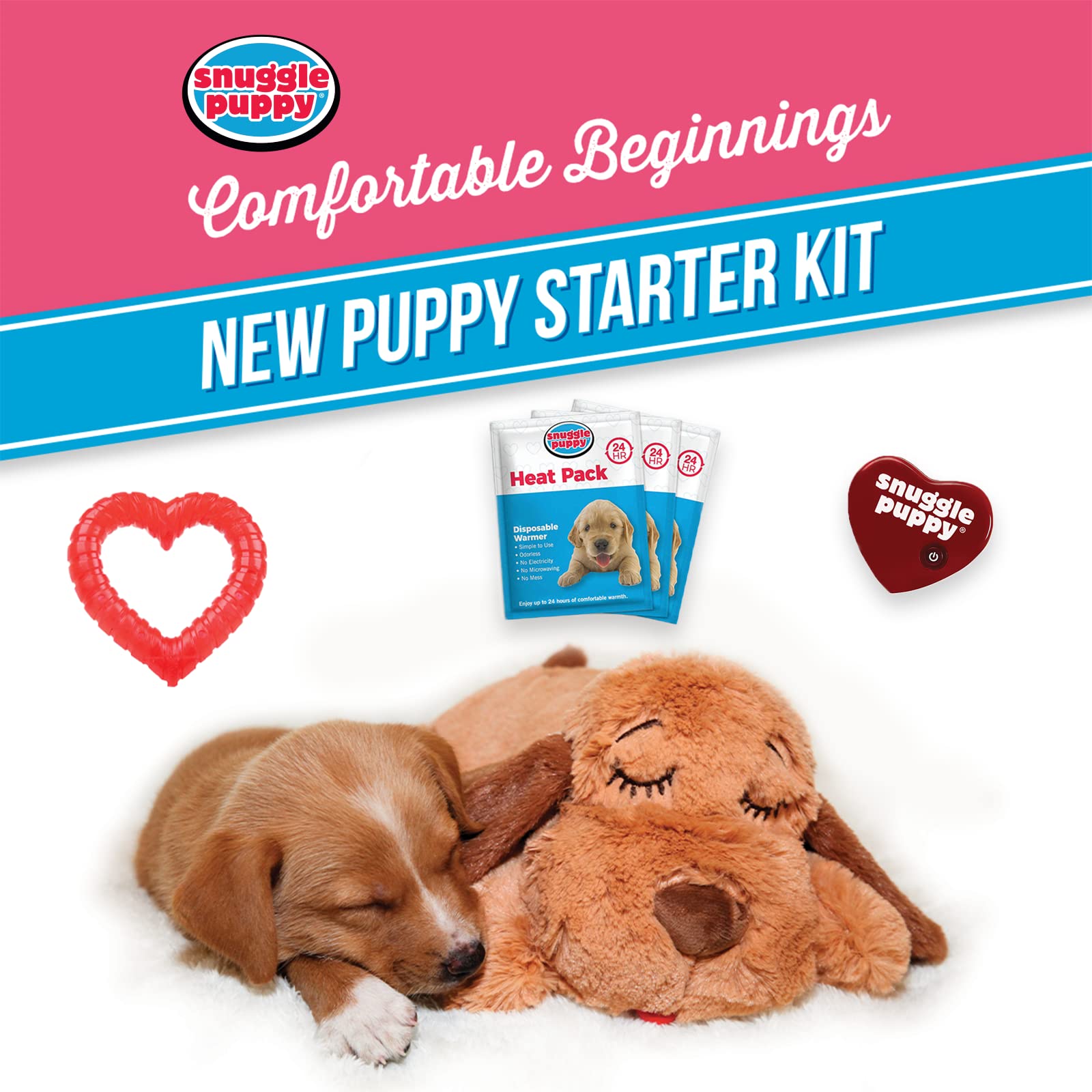 Original Snuggle Puppy Essentials Starter Kit - Heartbeat Dog Toy & Calming Aid with 3 Heat Packs, Puppy Teething Chew Toy & Soft Blanket for Anxiety Relief | Perfect for New Puppies, Separation Anxiety & Crate Training