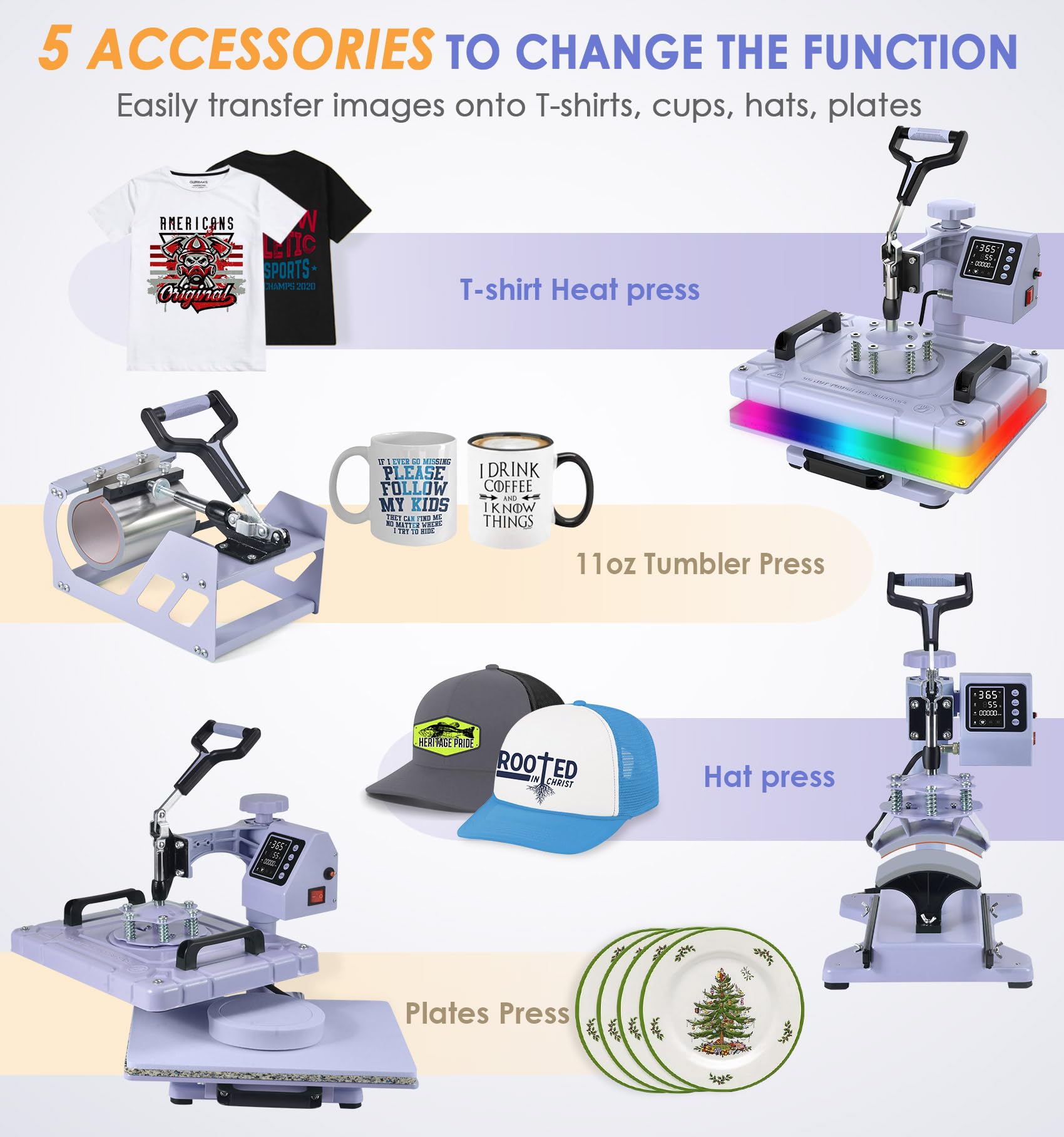 5-in-1 Multifunction Heat Press Machine 12x15 Inch - Digital T-Shirt Press, Sublimation Transfer, 360° Swing Away Design with 11OZ Tumbler Press - Perfect for DIY T-Shirts, Hats, Mugs & Plates (Home Business & Craft Projects)