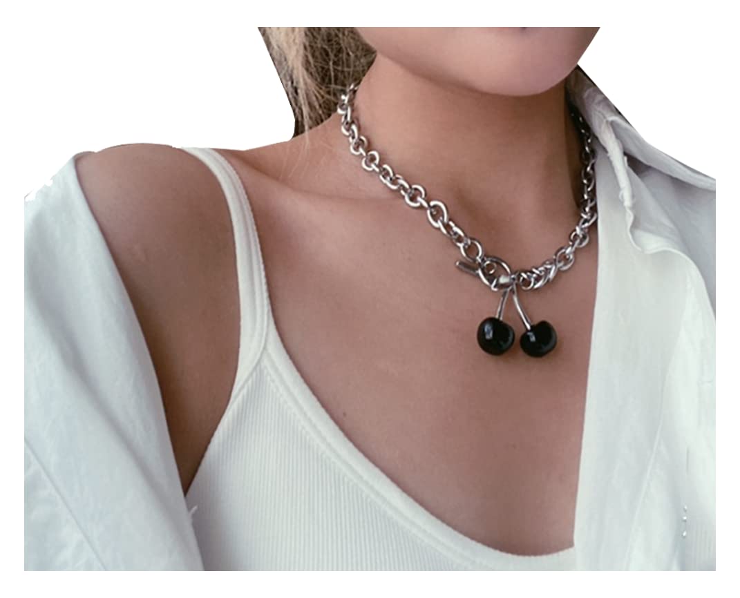 Eyraevor Women's Cherry Charm Choker Necklace - Punk Rock Metal Collar Chain - Gothic Fashion Jewelry for Concerts, Parties & Everyday Wear