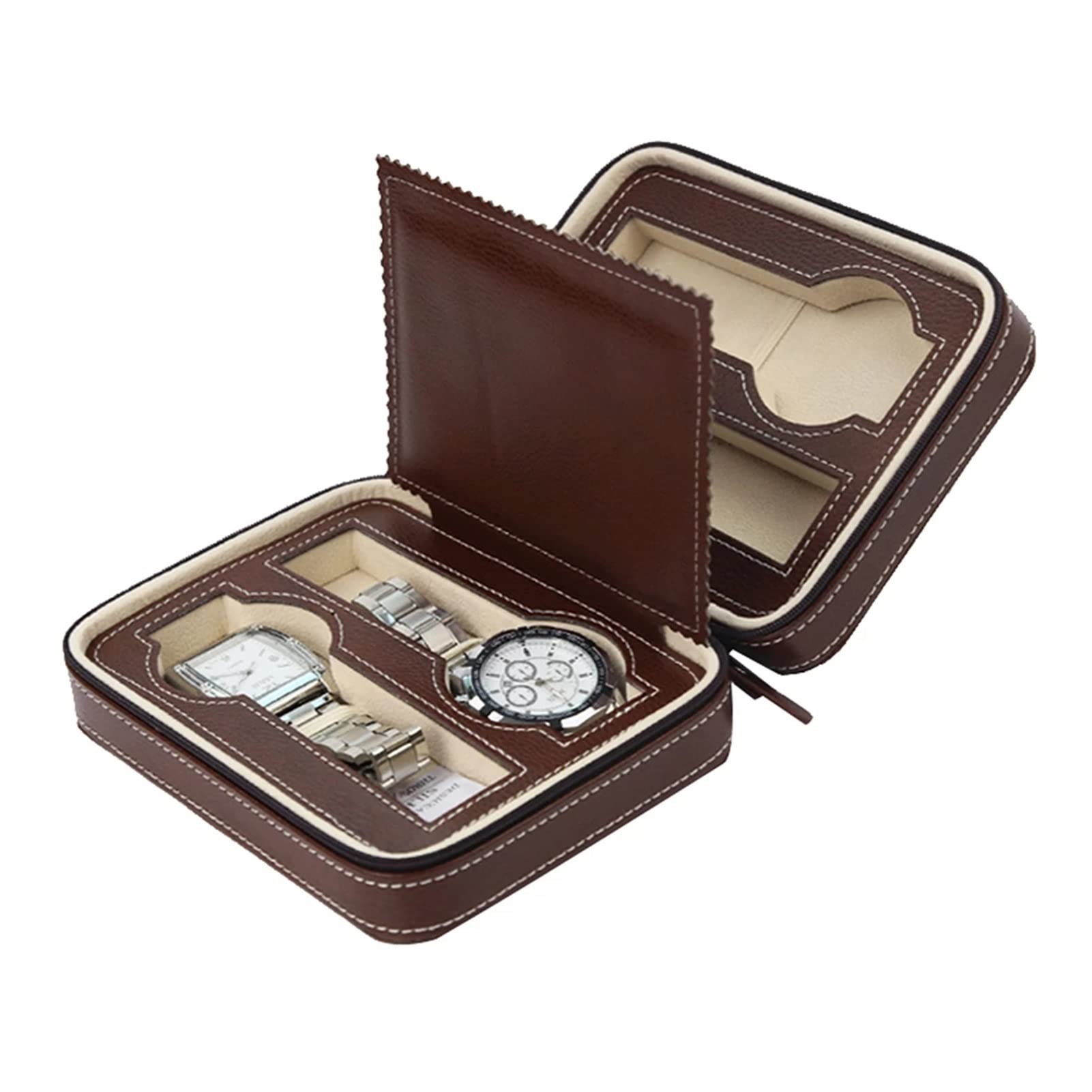 SHYPSN 4-Slot Genuine Leather Watch Travel Case - Luxury Watch Storage Box with Zipper for Men & Women (Brown/Black) - Perfect for Travel, Business Trips & Watch Collector Organization