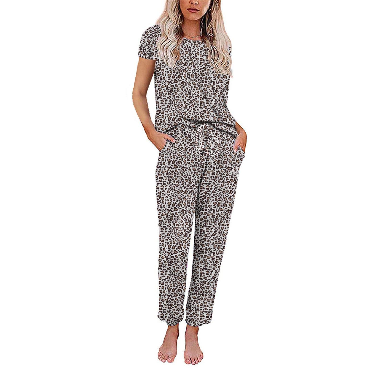 Women's Summer Lounge Set - Casual Printed Crewneck Short Sleeve Top & Drawstring Pants 2-Piece Outfit | Soft Pajama Set for Home, Travel & Relaxation