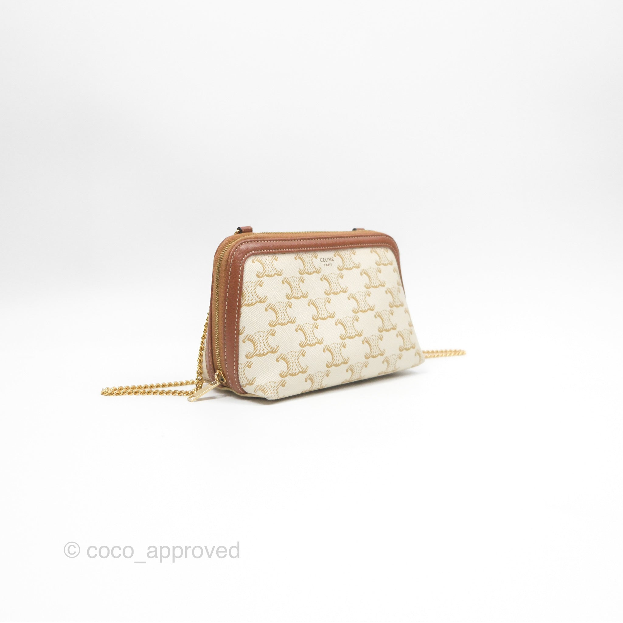 Celine Triomphe Canvas and Lambskin Chain Clutch Bag in White/Tan - Perfect for Evening Events, Parties, and Luxury Fashion Accessories
