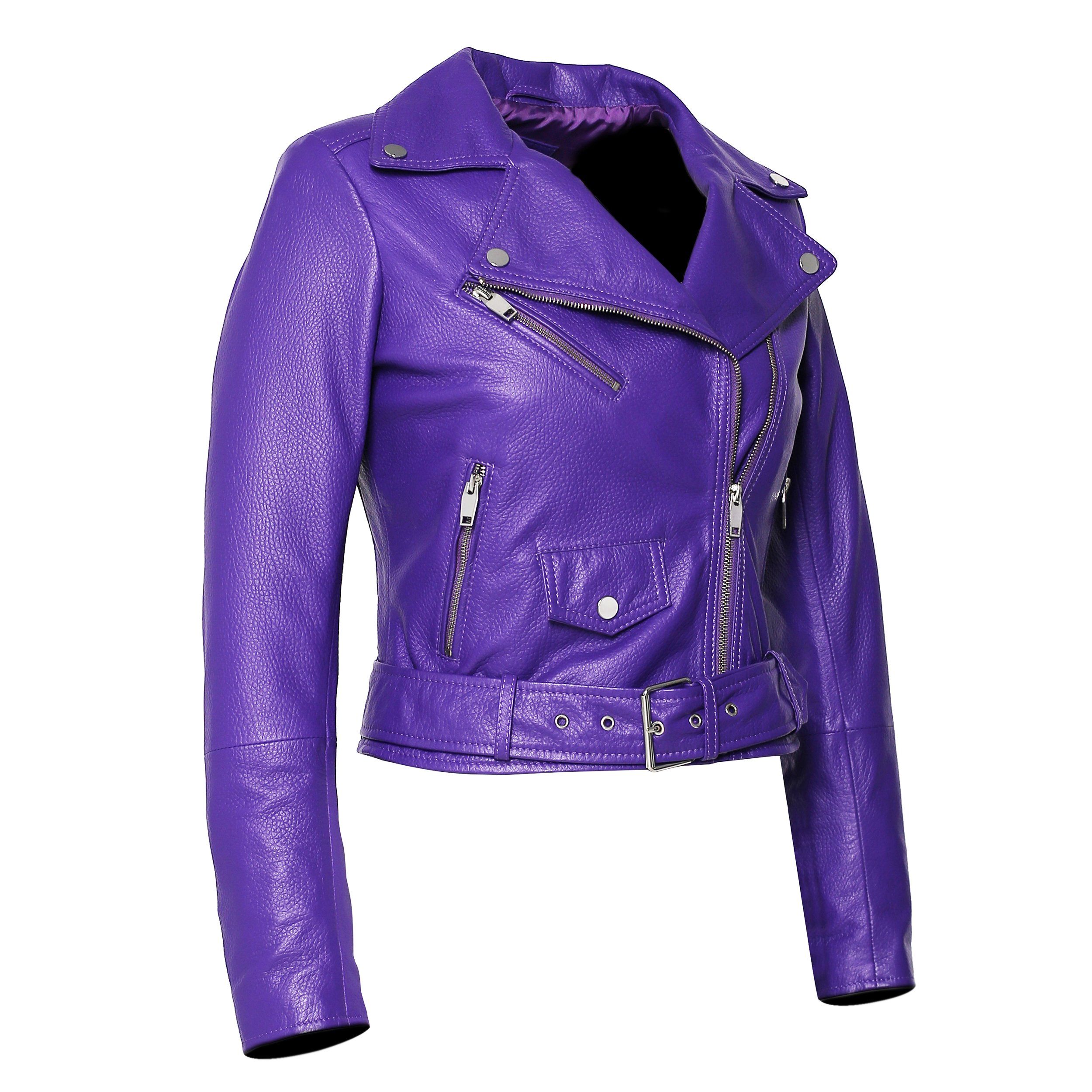 Women's Purple Nappa Leather Jacket - Moto Style with Deerskin Embossed Print | Perfect for Biker Fashion, Night Out & Casual Wear