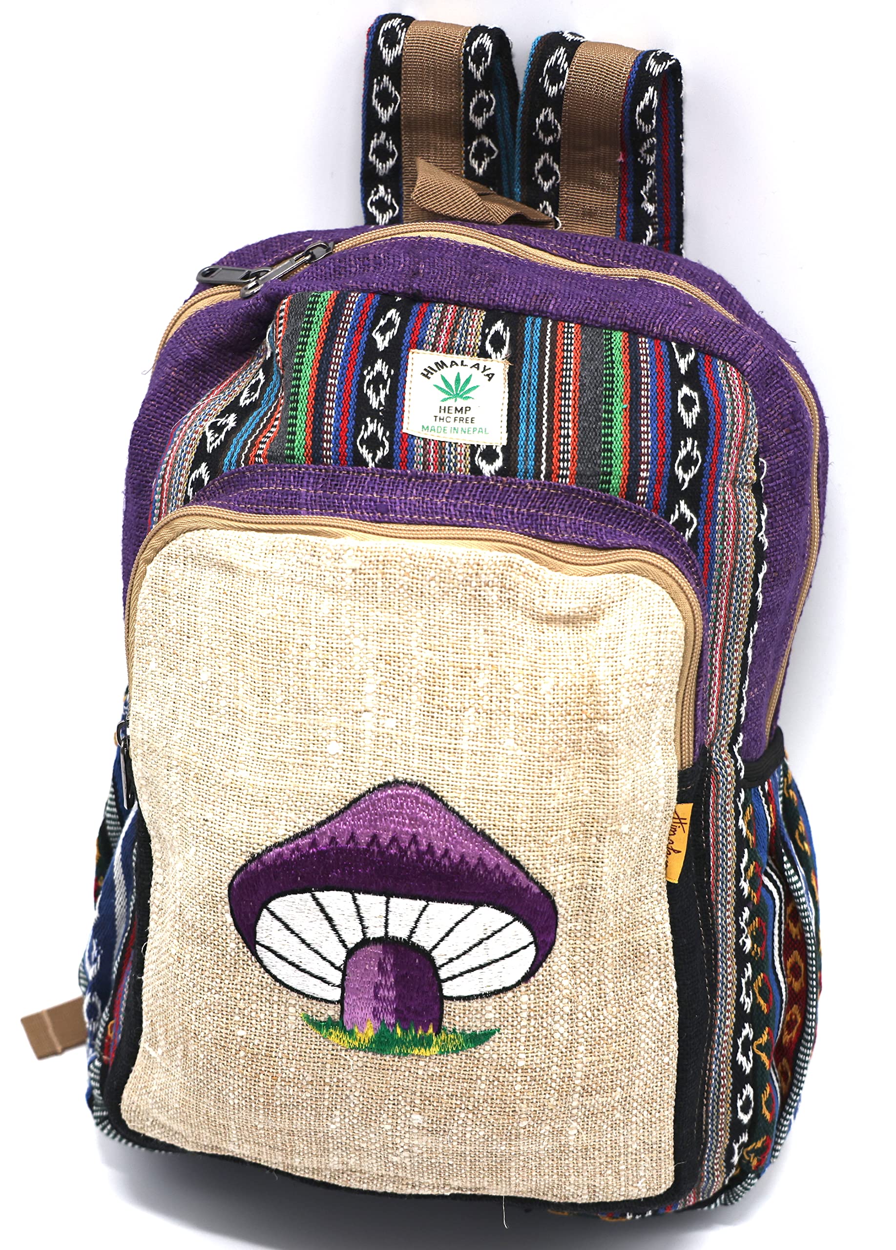 **Himalaya Handmade Unique Mushroom Embroidery 100% Hemp Backpack - Hippie Festival, Hiking & Laptop Bag for Women & Men (Purple) - Perfect for Outdoor Adventures, Travel & Daily Use**