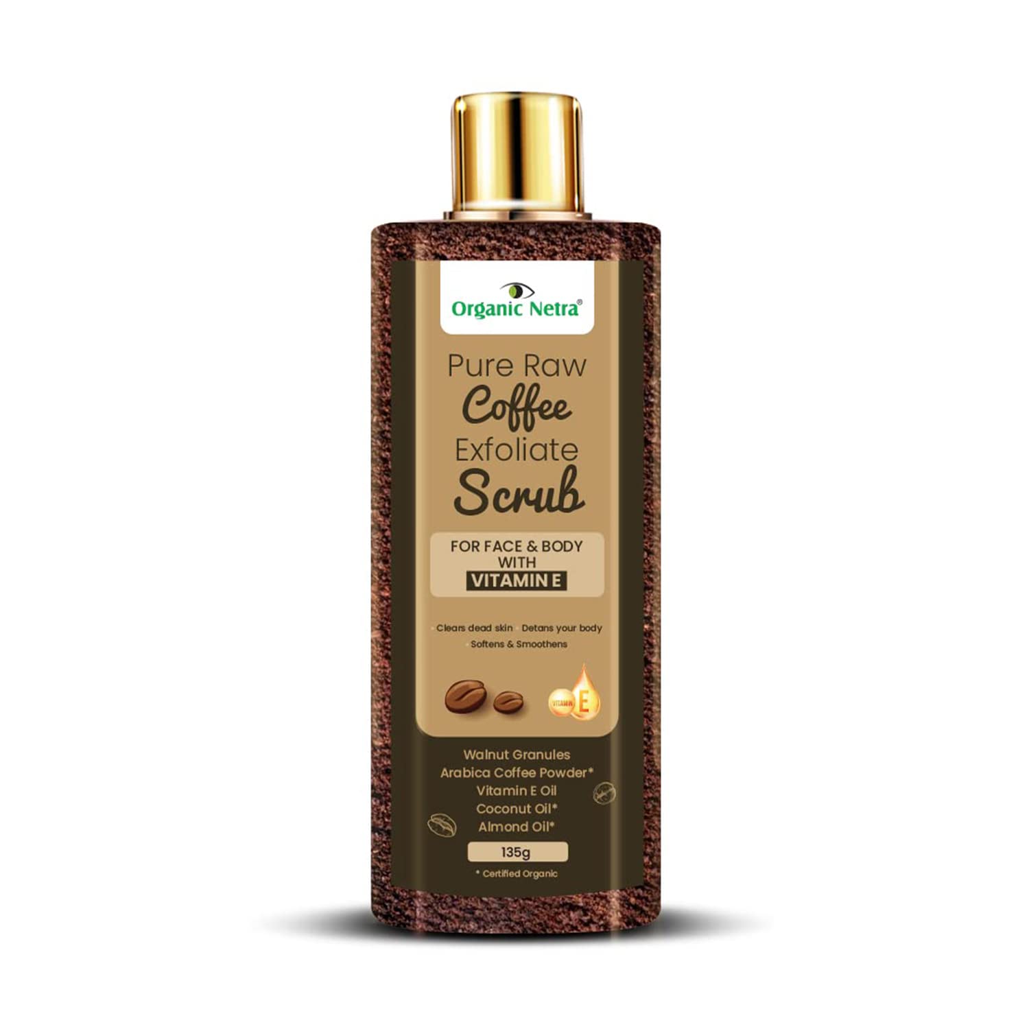 Organic Netra Pure Raw Coffee Face & Body Scrub with Vitamin E - Deep Hydration & Moisture | Natural & Organic Ingredients, Paraben-Free - 135g (Pack of 1) | Exfoliating & Revitalizing for Glowing Skin - Perfect for Daily Skincare Routine & Spa Treatment at Home