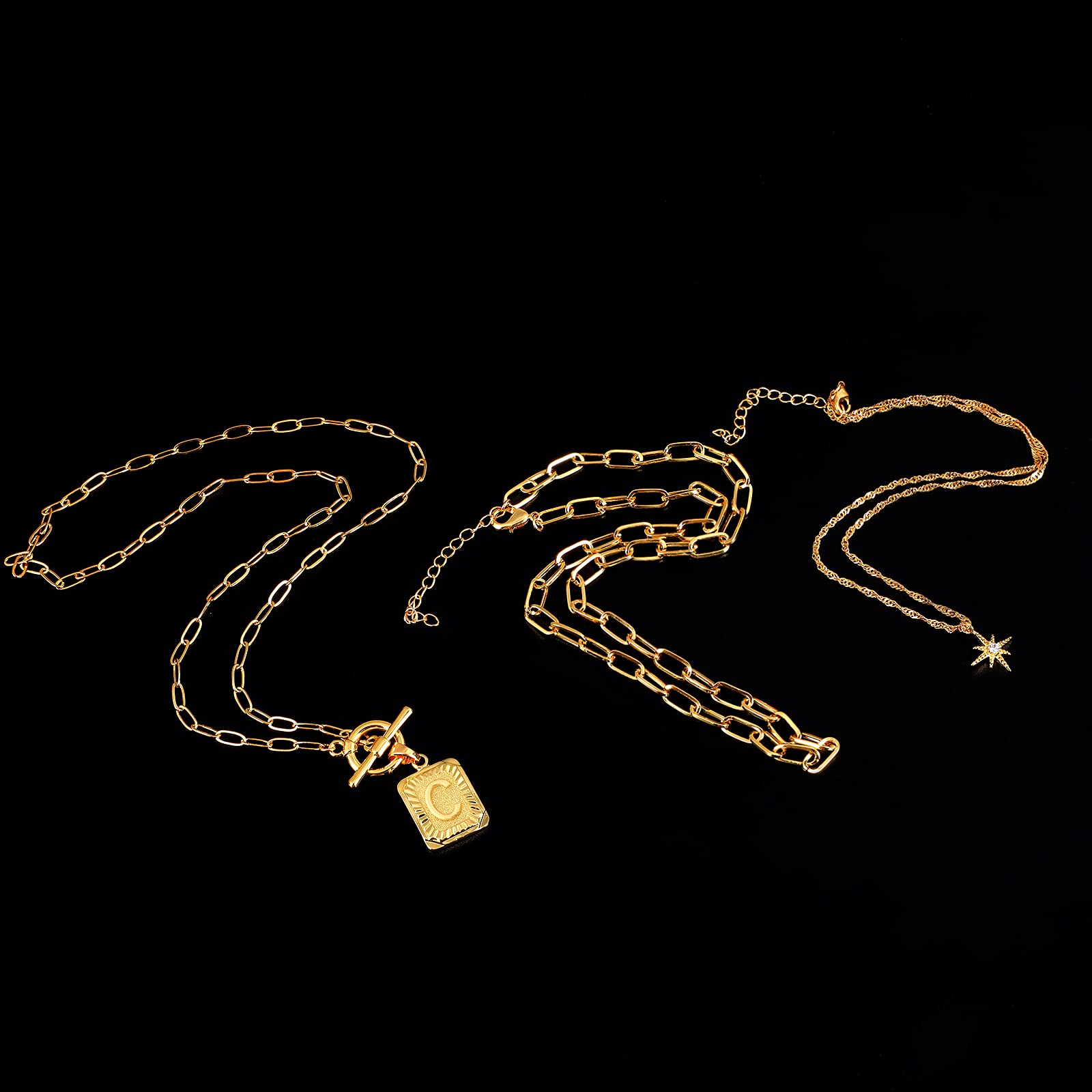 MJartoria 14K Gold Plated Initial Necklace for Women - Trendy Layered Star Choker with Square Letter Pendant & Paperclip Chain | Elegant Gold Necklace Jewelry Gift for Her | Perfect for Date Night, Anniversary or Birthday Present