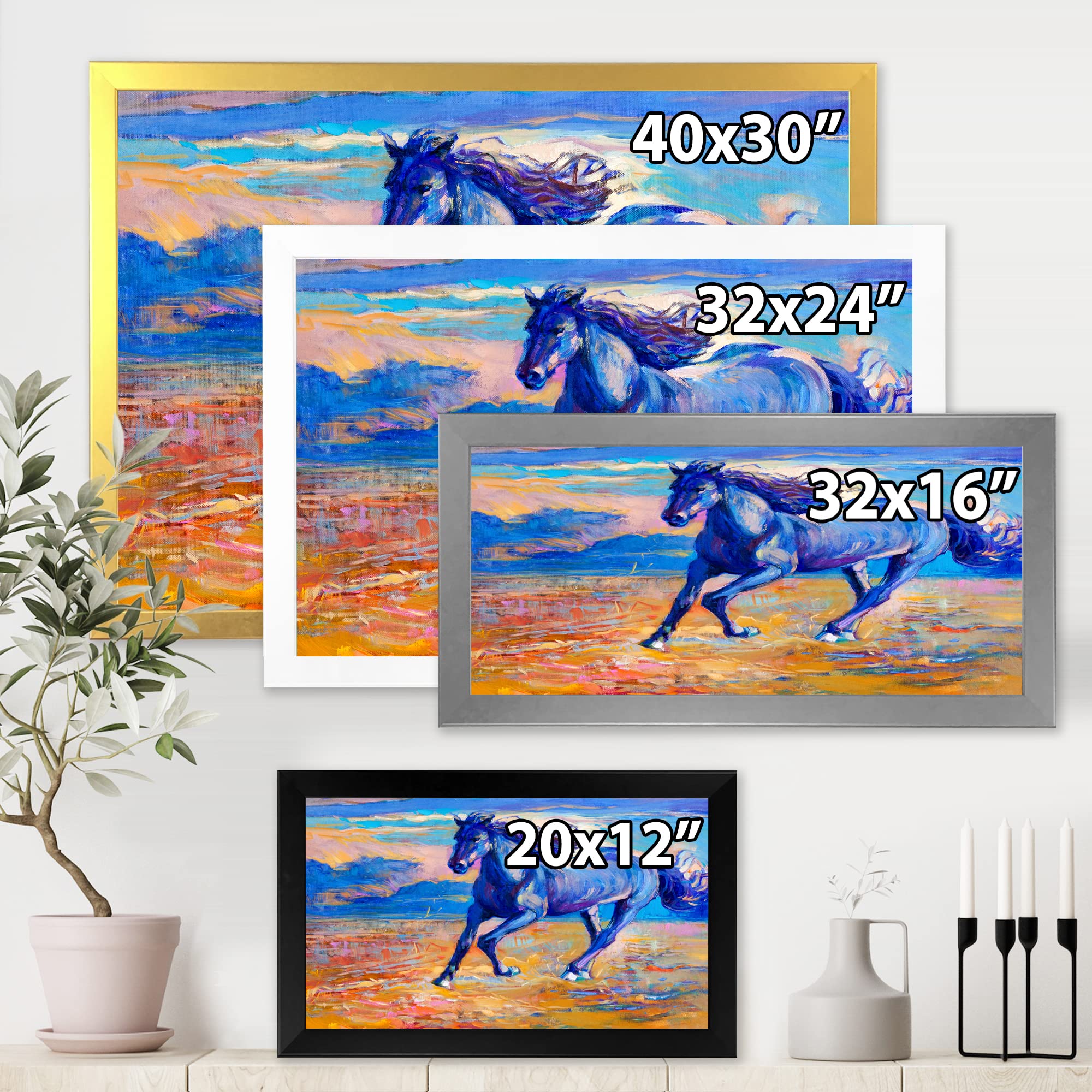Blue Horse Galloping Over Prairie - Farmhouse Framed Wall Art Decor for Living Room, Bedroom & Office