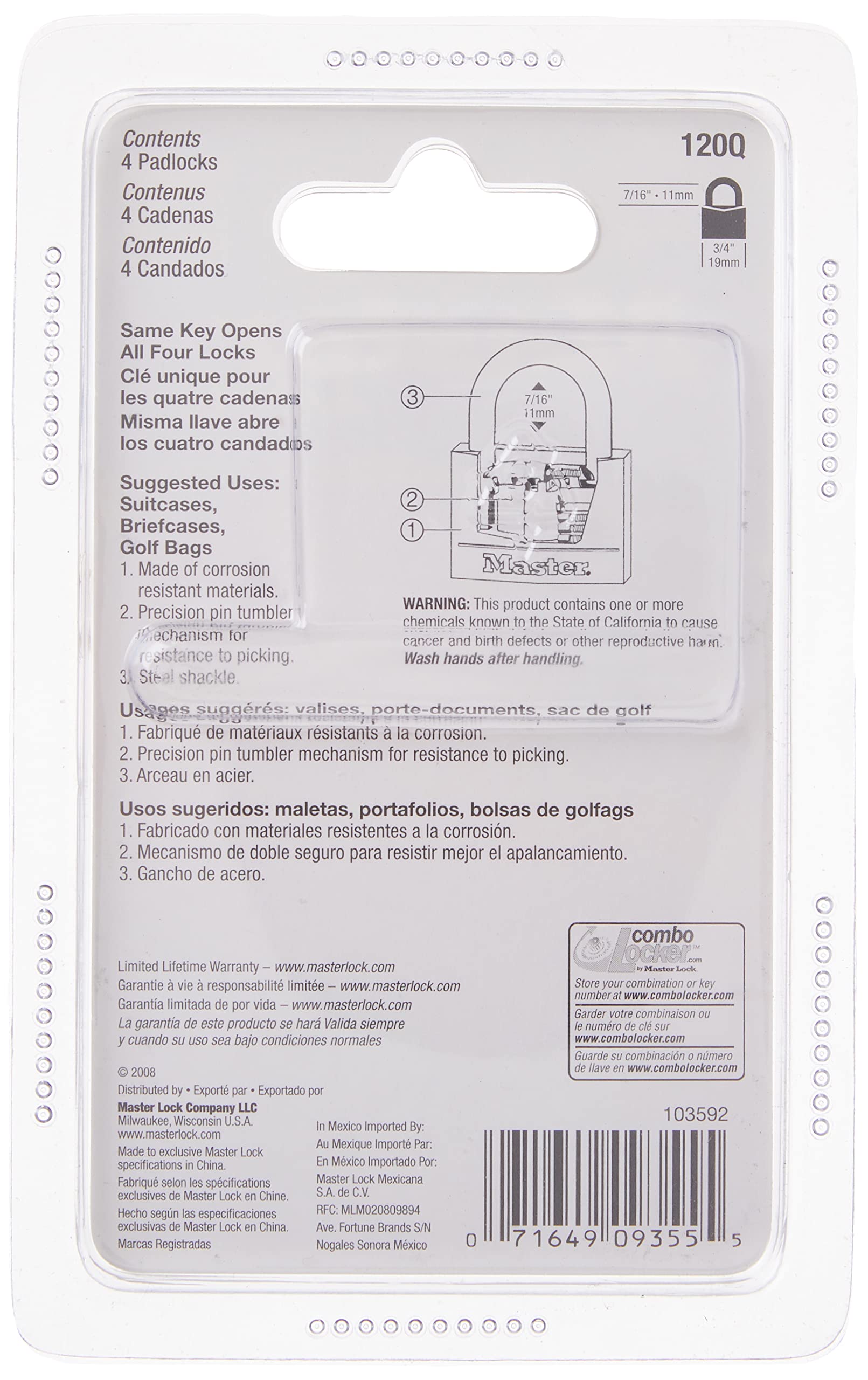 Master Lock Padlock - Solid Brass Heavy Duty Security Lock, 3/4 Inch Shackle, 4-Pack Keyed Alike (120Q) - Ideal for Lockers, Toolboxes, Storage Units & Outdoor Gates