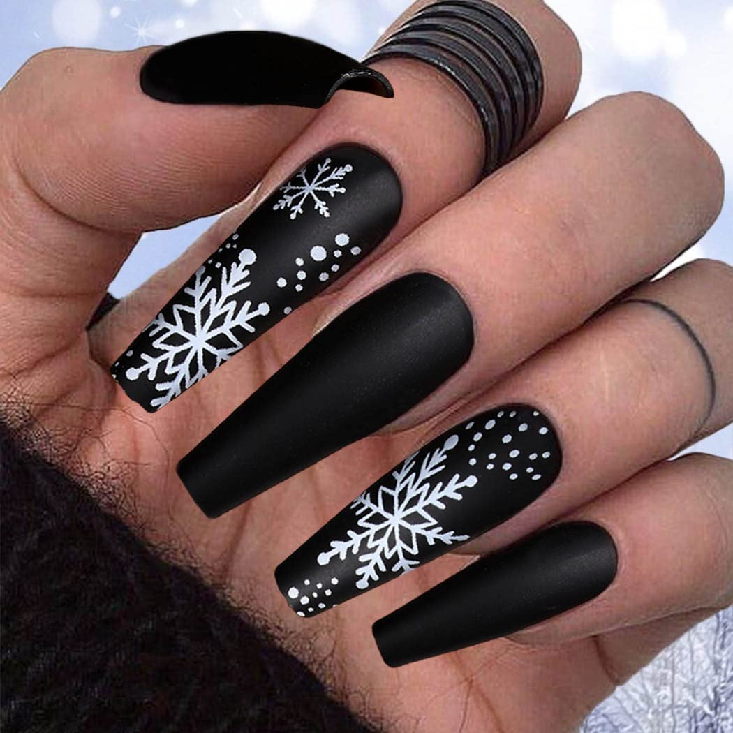 Uranian Christmas Press on Nails - Black Extra Long Coffin Fake Nails with Snowflake Matte Designs | 24pcs Full Cover Acrylic Glue on Nails for Women & Girls | Perfect for Holiday Parties, Gift Giving & Special Occasions