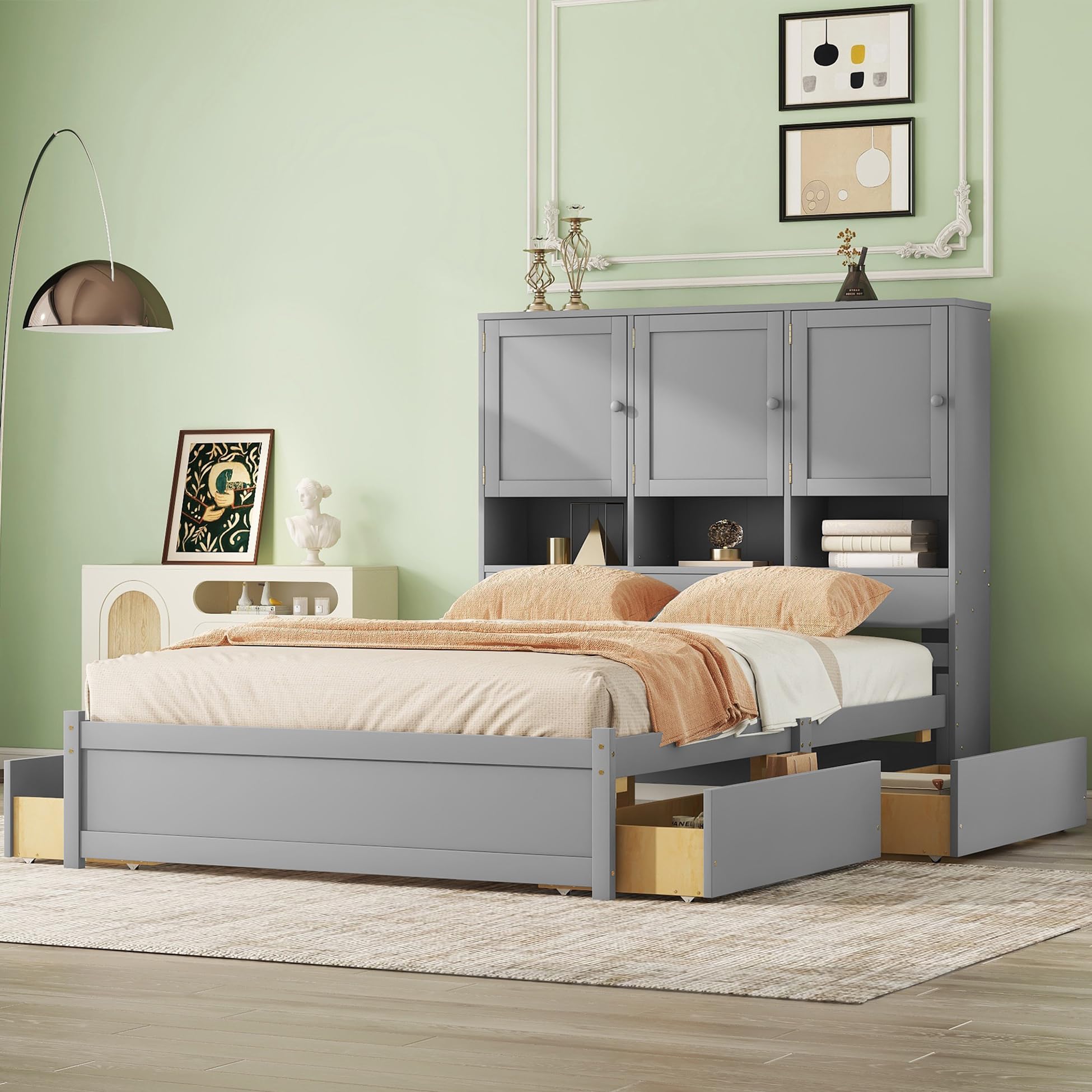 Harper & Bright Designs Queen Size Storage Bed Frame - Solid Wood Platform Bed with Bookcase Headboard & 4 Drawers - No Box Spring Needed - Perfect for Kids, Teens & Adults Bedroom - Modern Gray Furniture for Small Spaces & Dorm Rooms