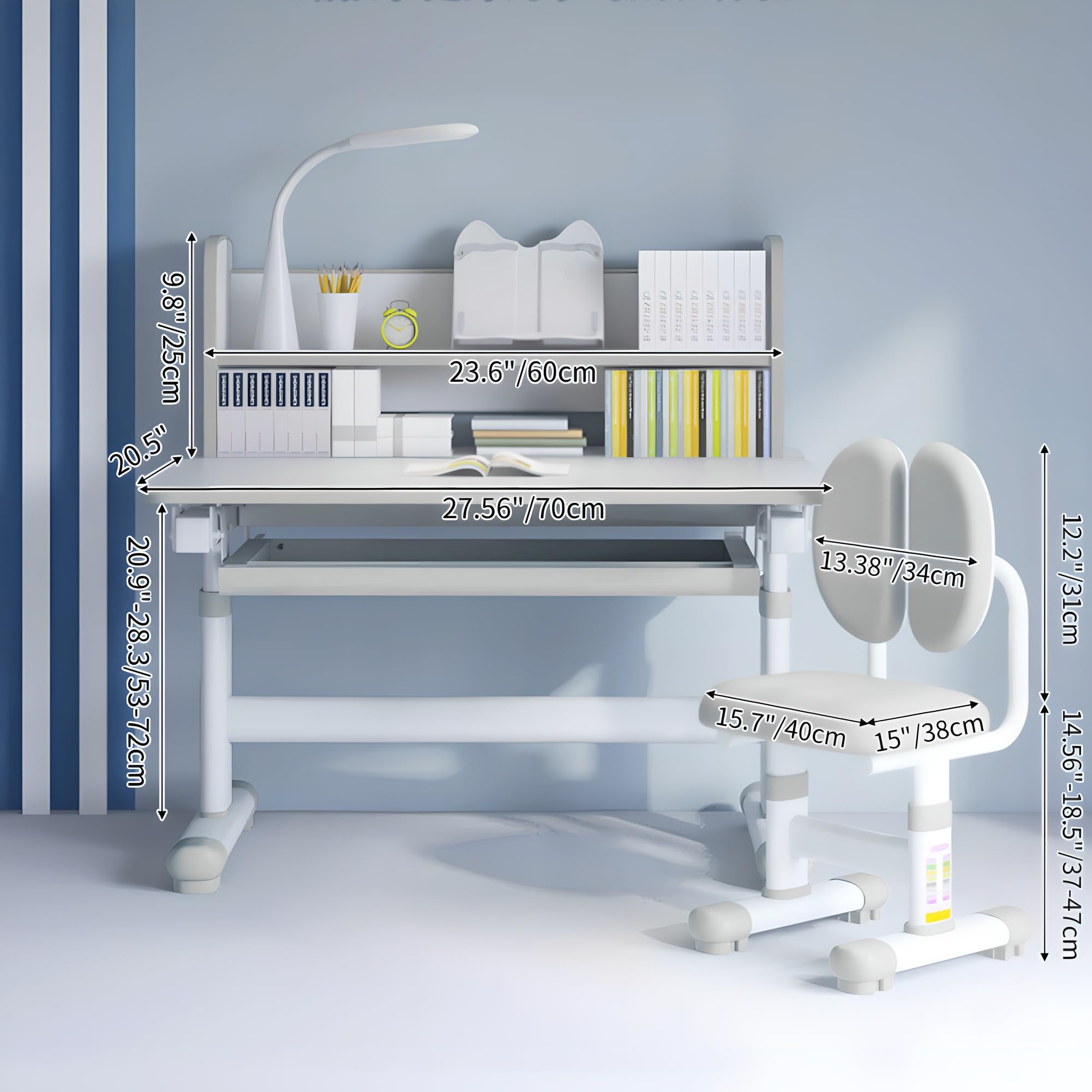 Adjustable Ergonomic Study Desk and Chair Set with Tilt Desktop, Storage Drawers, LED Light & Bookstand - Perfect for Home Office, School & Gaming Workstation (Gray)