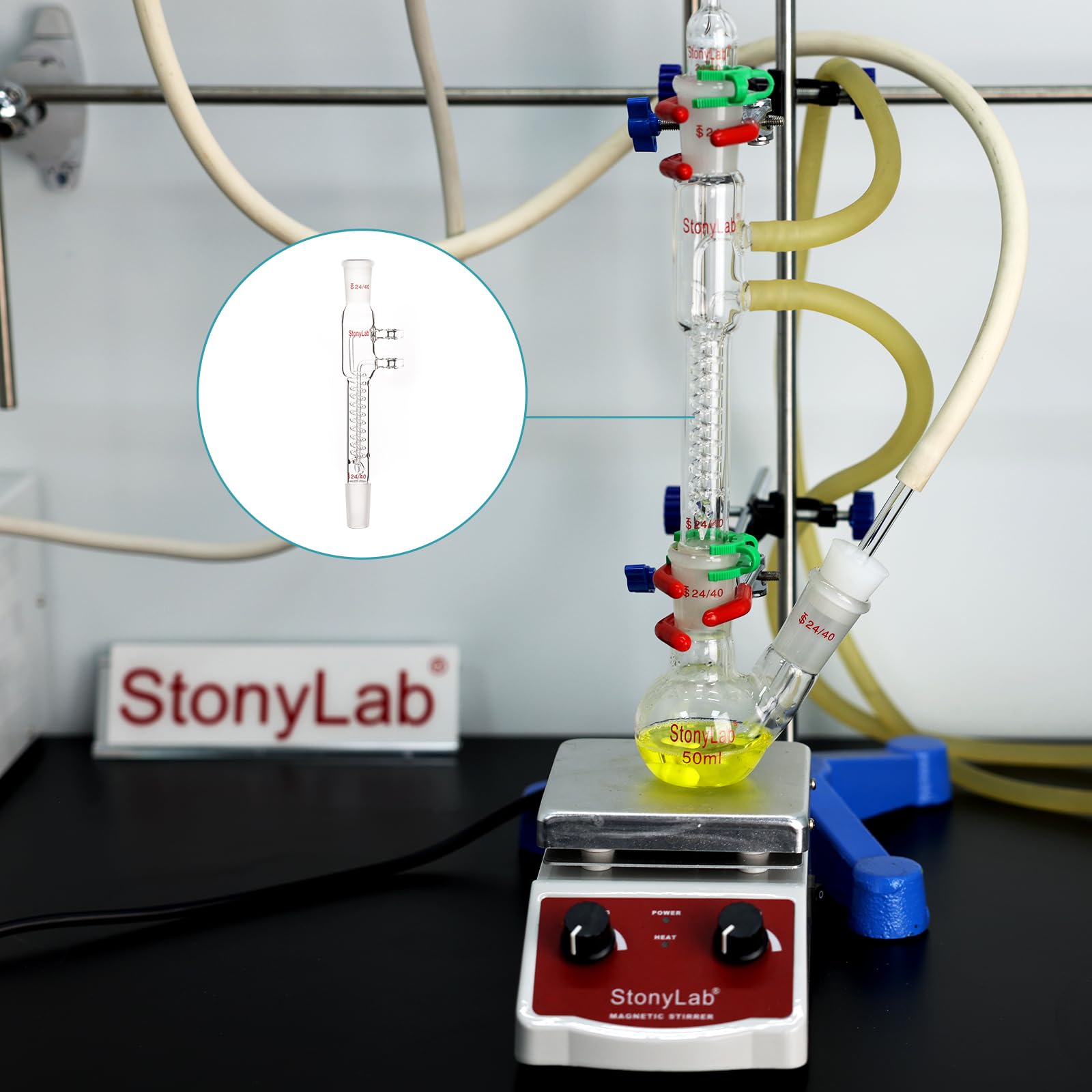 Stonylab Borosilicate Glass Coil Reflux Condenser with 24/40 Joints & Hose Connections - 245mm Dimroth Style for Chemistry Lab Distillation & Essential Oil Extraction