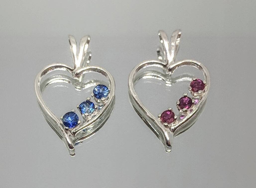 Solid Sterling Silver or 14kt Gold (White/Yellow/Rose) Natural Blue Sapphire & Ruby Heart Pendant Necklace - Elegant Cluster VS Gemstone Jewelry for Women, Gift for Anniversary, Valentine's Day & Special Occasions
