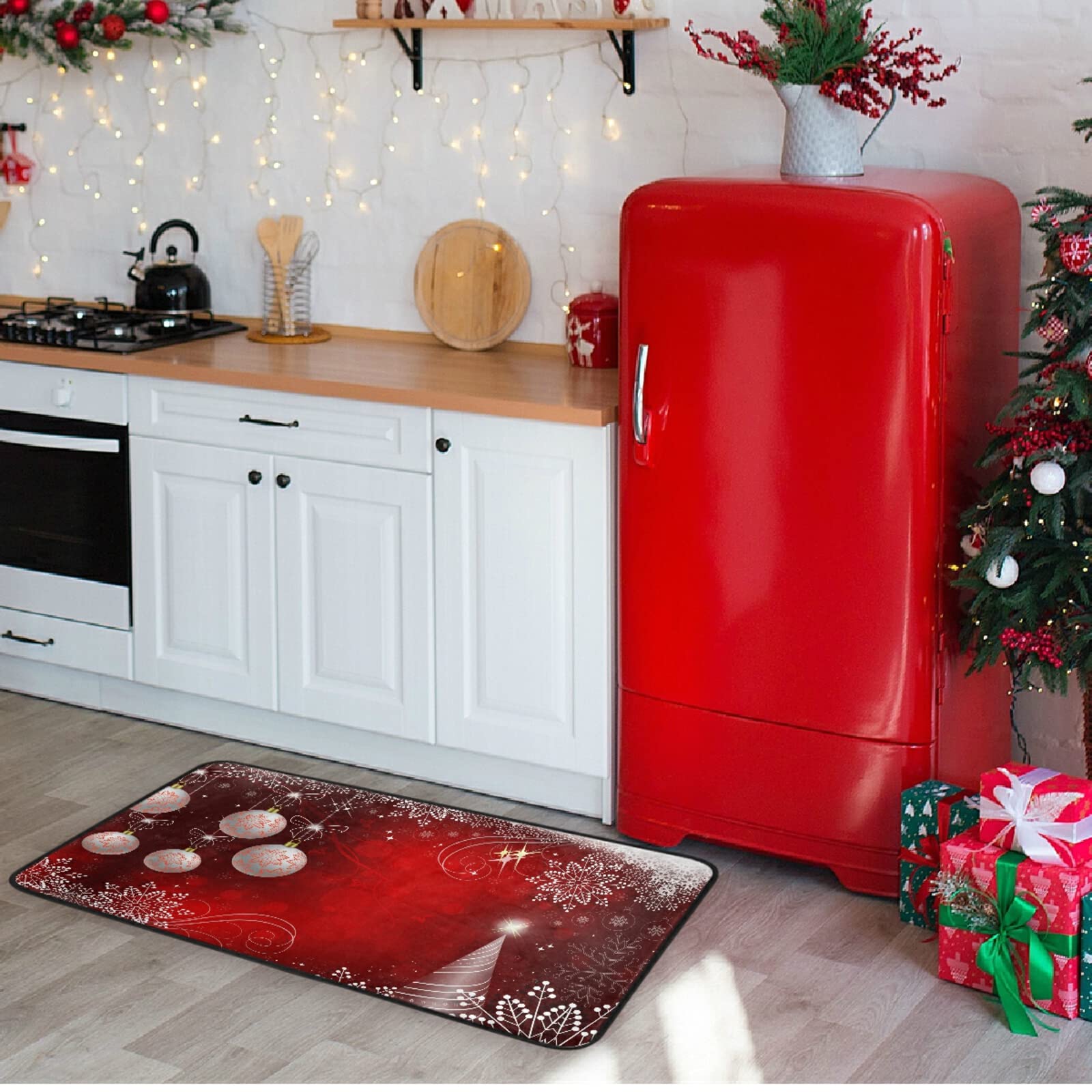 Christmas Red Kitchen Rug - Non-Slip Washable Holiday Floor Mat with Snowflake & Tree Design (39