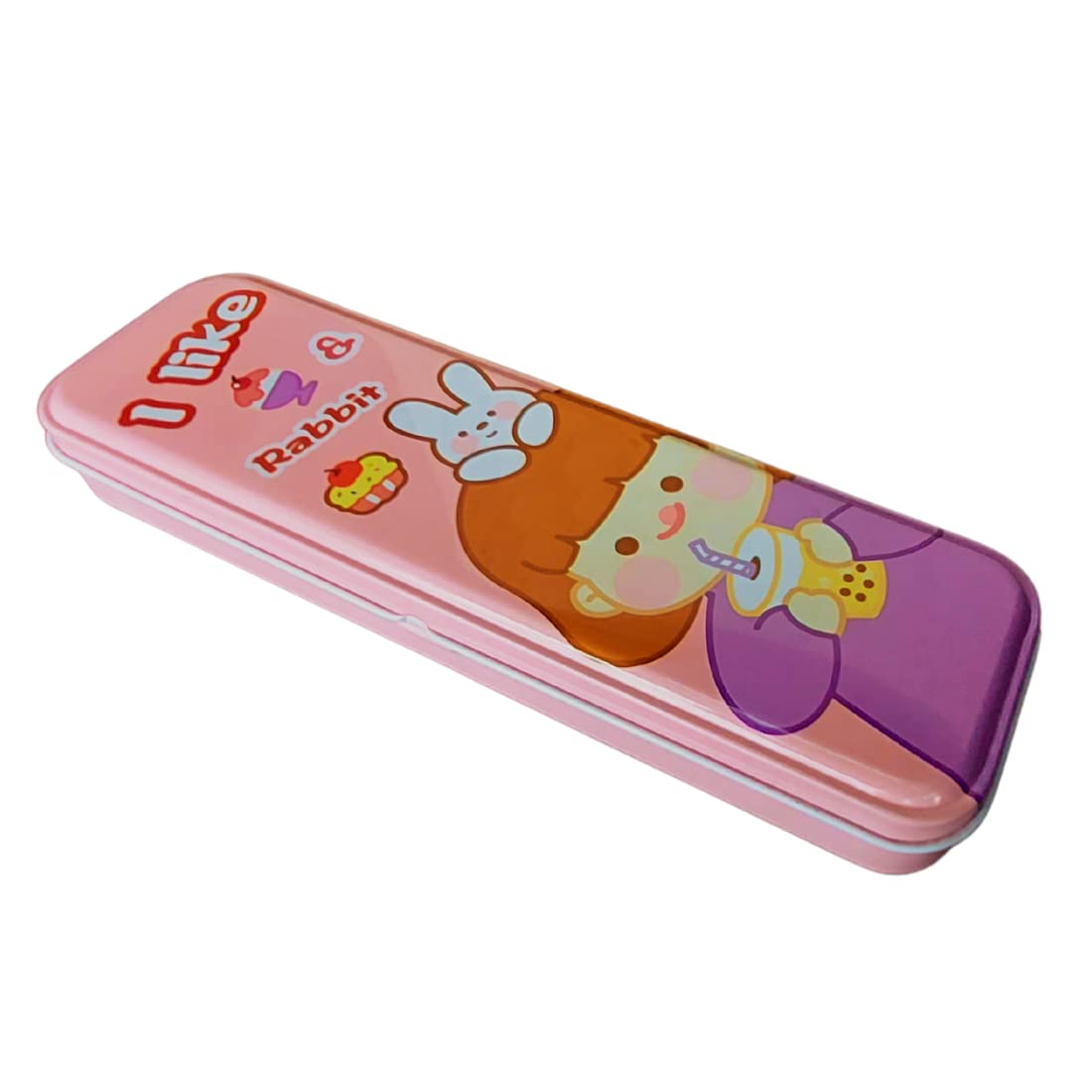 KARBD Cartoon Metal Pencil Box - 2 Layer Hardtop Case for School, Travel & Organization | Rabbit Pink Design for Boys & Girls | Perfect for Students, Geometry Tools & Return Gifts | Durable Stationery Storage Solution
