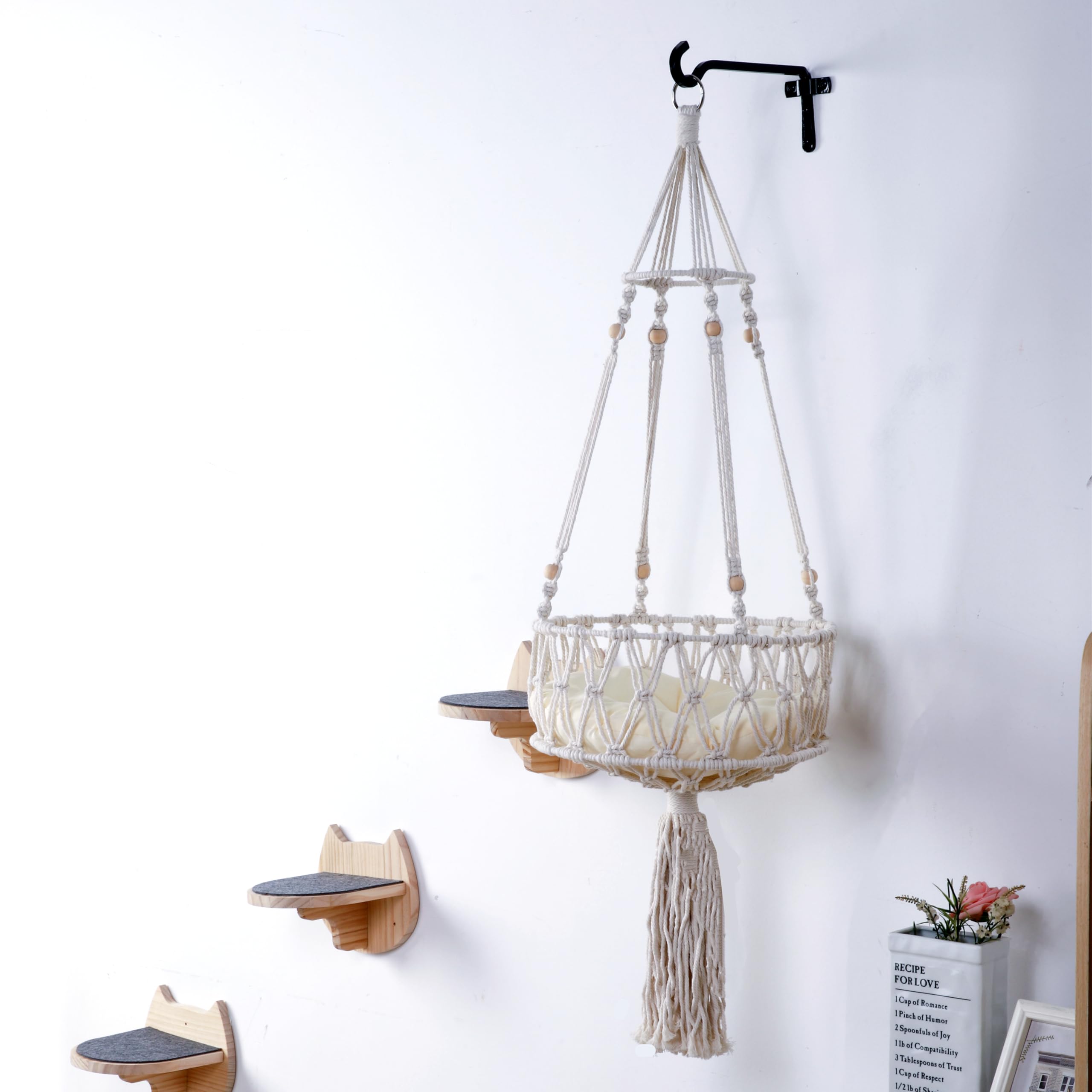 SHENGOCASE Macrame Boho Cat Hammock - 3-Step Wall Mounted Cat Bed with Hook for Indoor Cats | Cozy Hanging Cat Swing for Windows, Balconies & Small Spaces