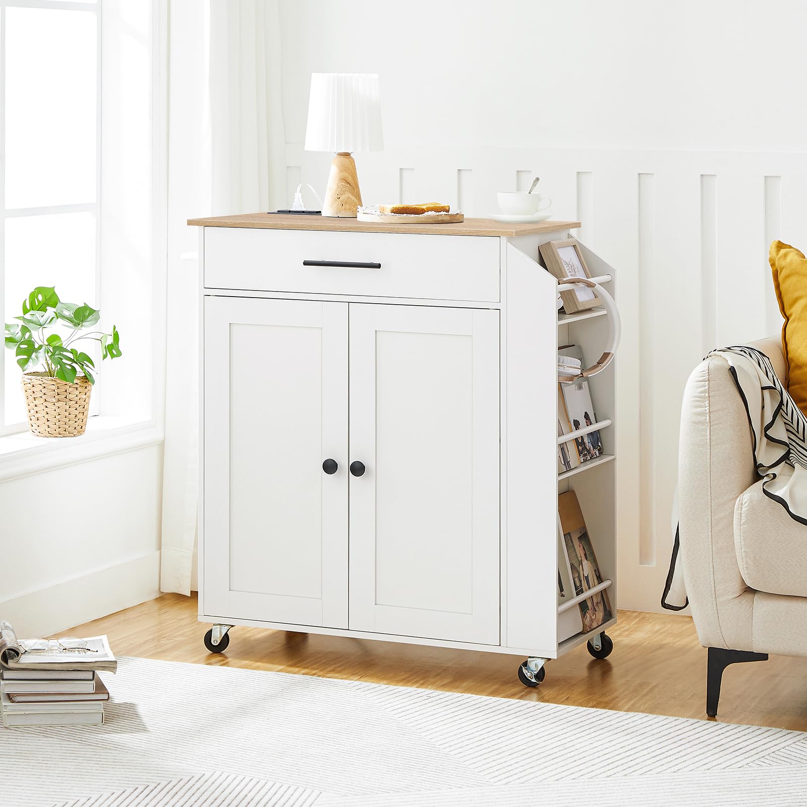 HOOBRO White and Natural Kitchen Island with Power Outlet - Mobile Kitchen Cart with Spice Rack, Storage Drawer & Wheels - Perfect for Small Spaces, Dining Rooms & Home Cooking Organization