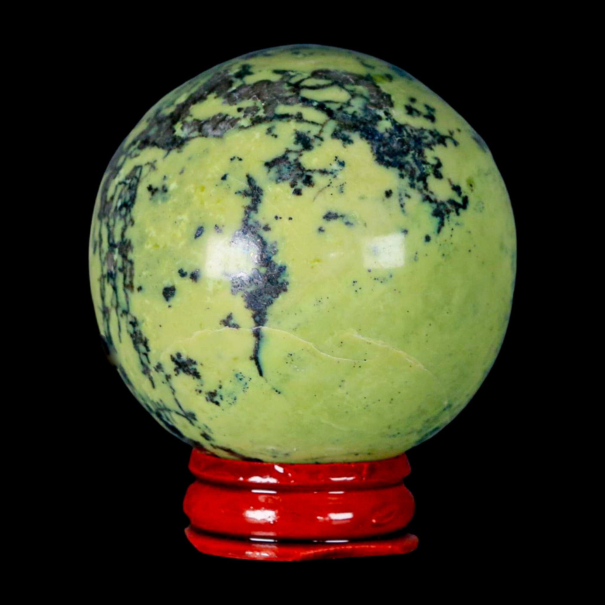 Natural Green & Yellow Serpentine Pyrite Sphere Ball - 54mm XL Size - Handcrafted in Peru with Display Stand | Healing Crystal, Meditation Decor, Feng Shui Home Decor, Mineral Collection Display