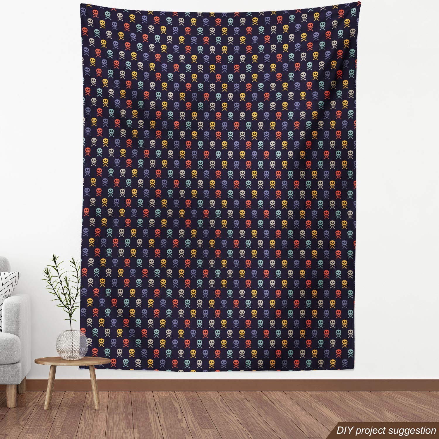 Ambesonne Pixel Art Fabric by The Yard - Skull & Bones Pirate Design on Dark Background, Decorative Upholstery & Home Accent Fabric, 10 Yards, Vermilion Blue - Perfect for DIY Projects, Costumes, and Halloween Decorations