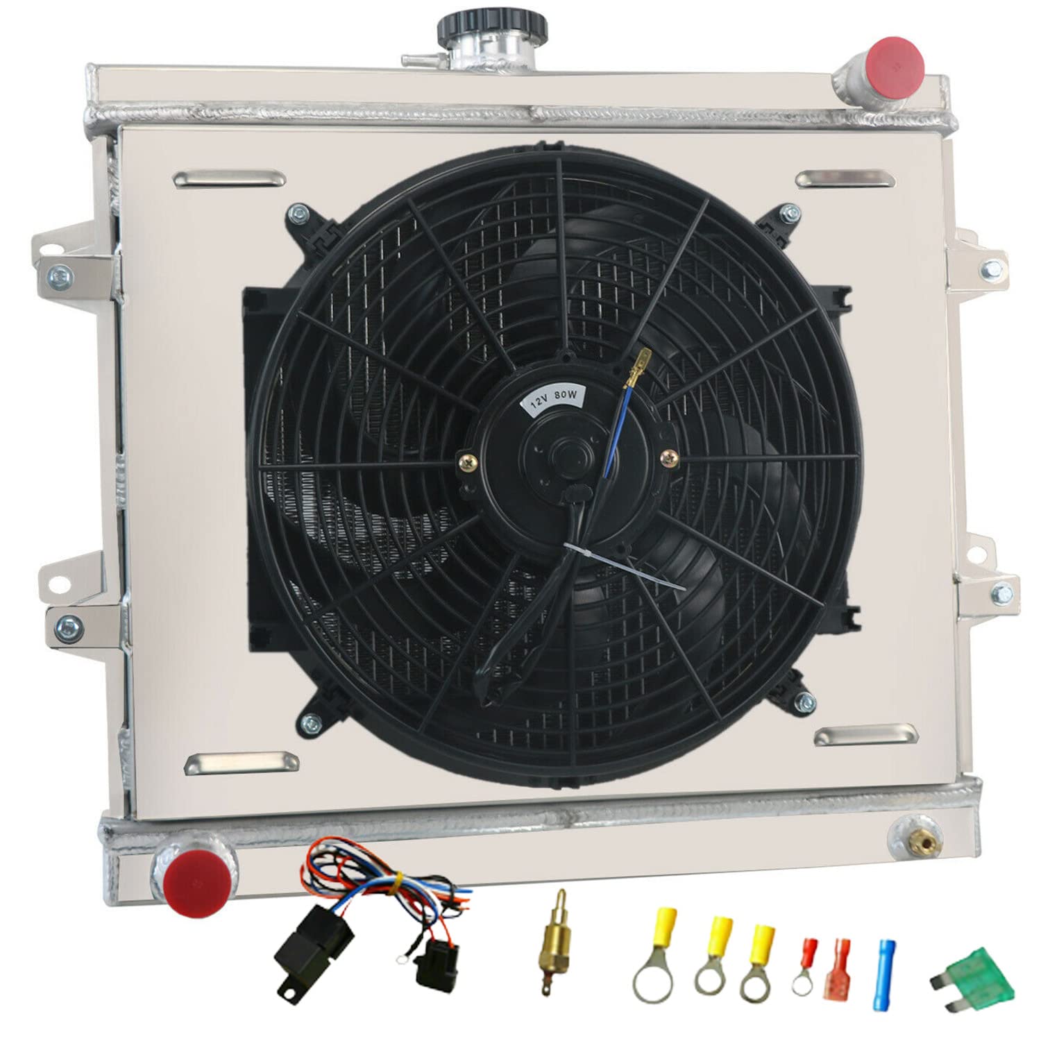High Performance 3-Row Aluminum Radiator for 1984-1995 Toyota Pickup & 4Runner 2.4L MT - AA5052 All-Aluminum Construction with Fan Shroud & Relay Kit - Perfect for Off-Roading, Towing & High-Temperature Conditions