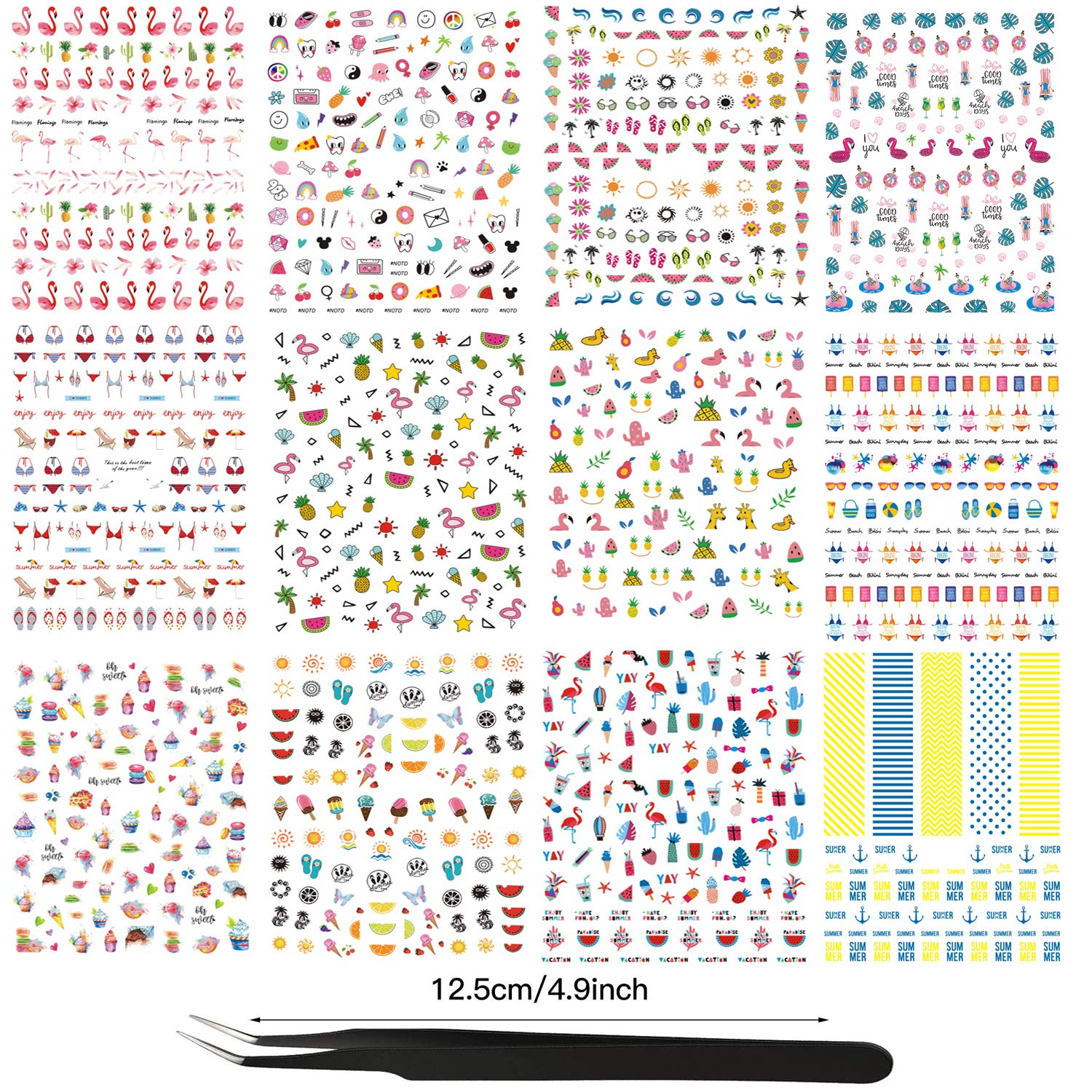 1000+ Pcs 3D Summer Beach Nail Art Stickers - Flamingo, Bikini, Sunshine, Slipper & Fruit Designs with Tweezer for DIY Nail Tips - 12 Sheets (Perfect for Summer Vacations, Beach Parties & Nail Salon Decorations)
